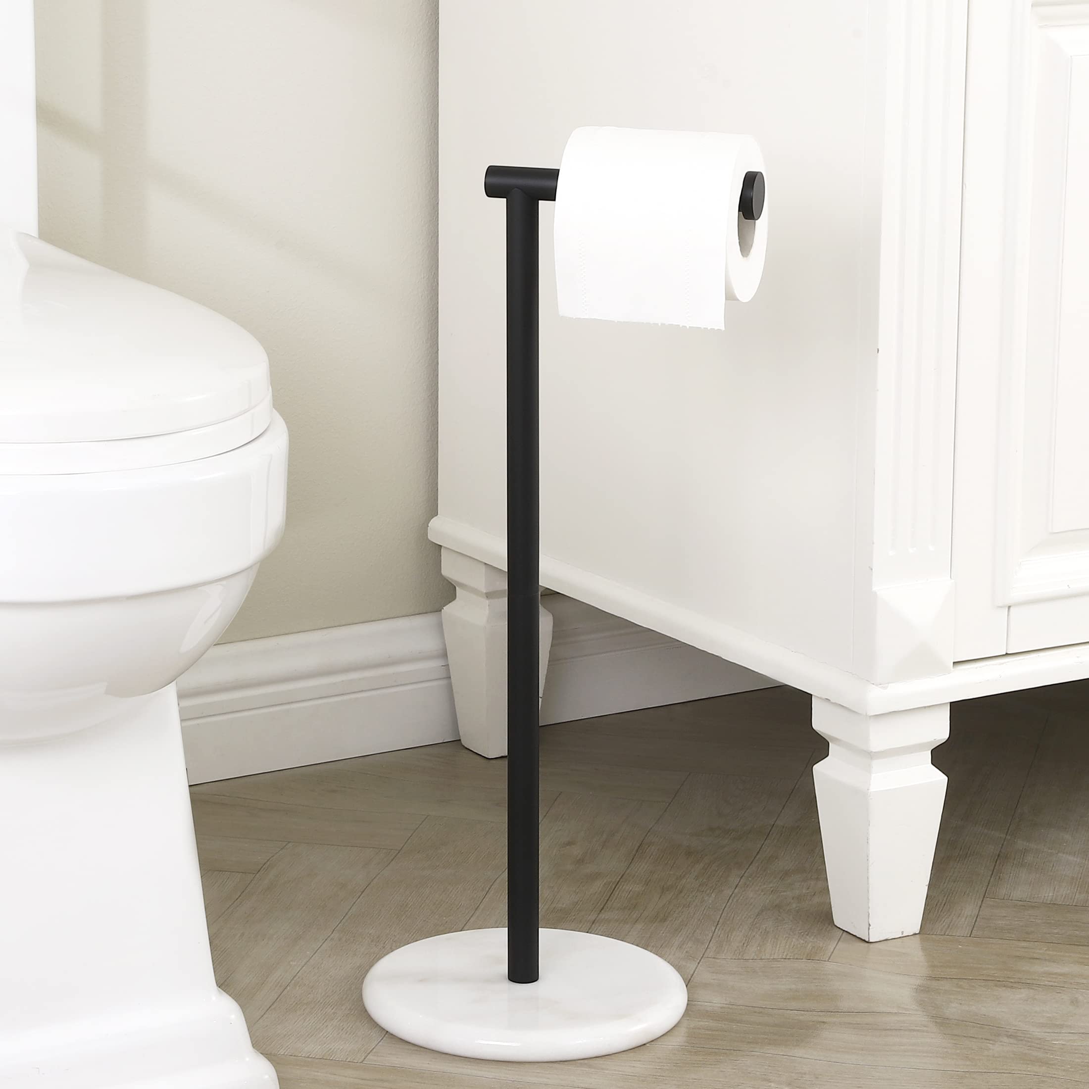 Premium Black Freestanding Toilet Paper Holder Stand with Marble Base - SUS304 Stainless Steel Matte Bathroom Tissue Roll Dispenser for Modern Home & Luxury Hotel Restroom Decor