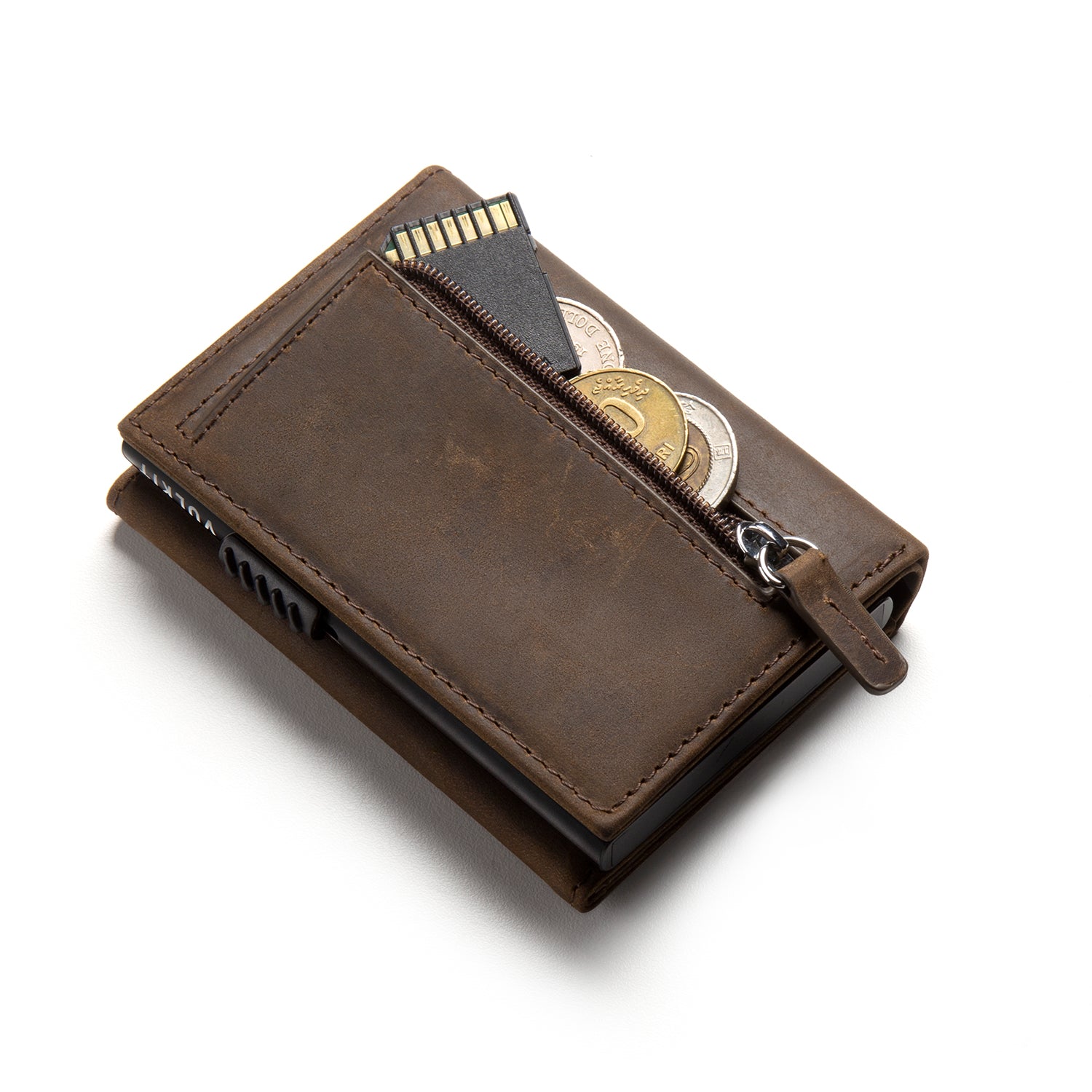VC302P Genuine Crazy Horse Leather Tri-Fold Wallet with Side Slider Mechanism, Back Zipper Slot & Magnetic Closure - Perfect for Men's Everyday Carry, Business & Travel Use
