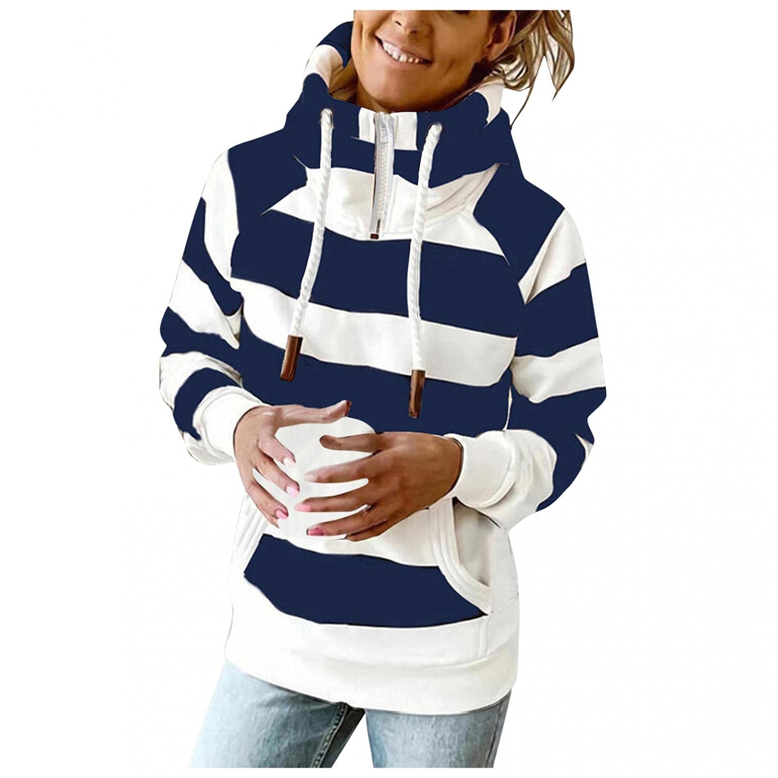 ONHUON Women's Long Sleeve Hooded Sweatshirt - Striped Color Block Quarter Zip Pullover Top | Casual Aesthetic Hoodies for Women | Perfect for Fall Outfits, Streetwear & Lounge Wear