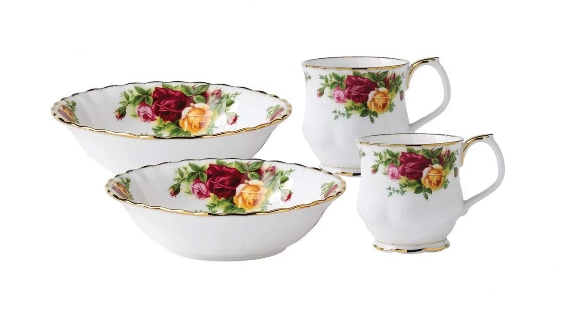 Royal Albert Old Country Roses 4-Piece Breakfast Set - Elegant Floral Tea Cup, Saucer, Plate & Bowl - Perfect for English Afternoon Tea, Bridal Showers & Vintage Home Decor