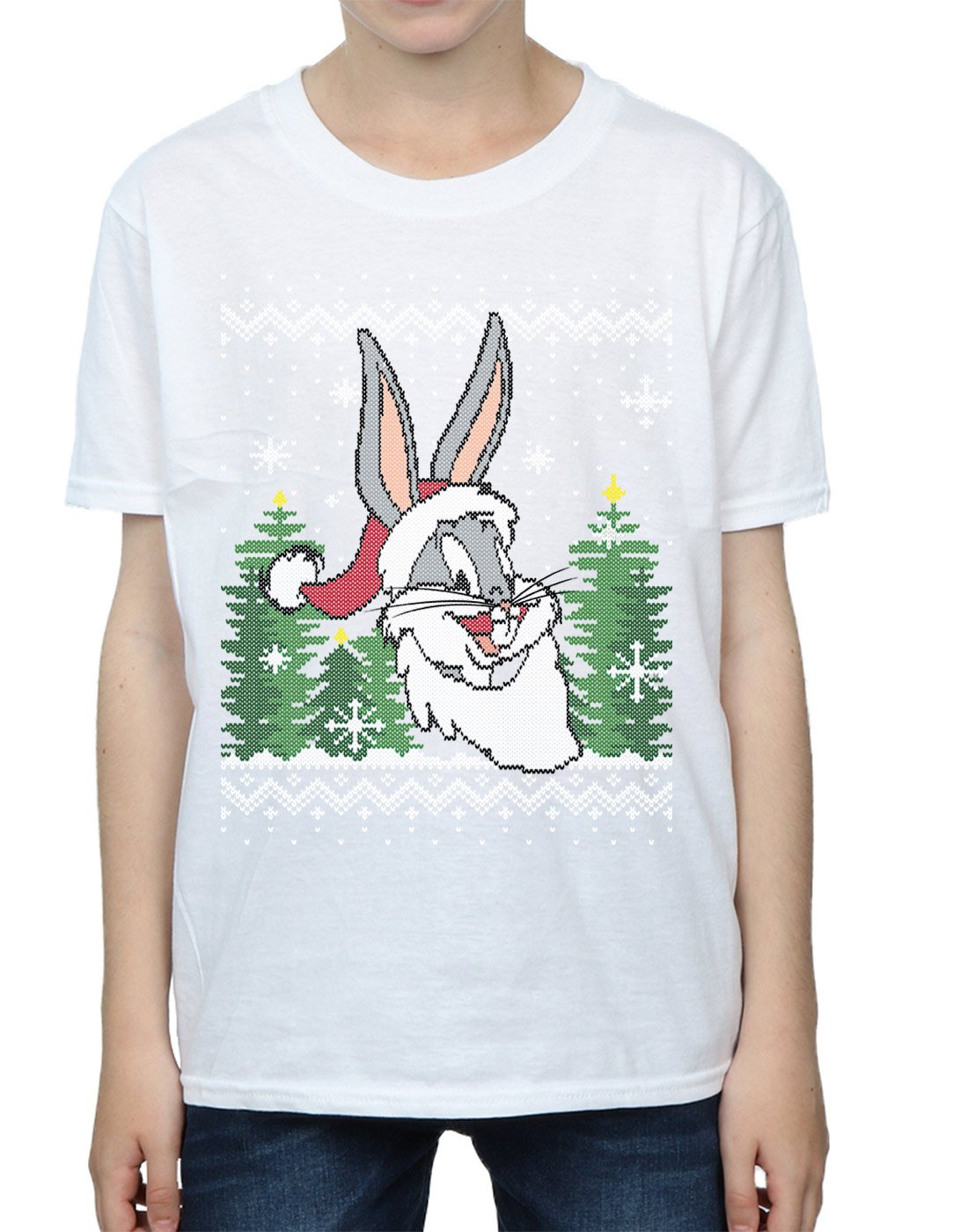Looney Tunes Bugs Bunny Christmas Fair Isle Graphic T-Shirt for Boys (7-8 Years) - White | Holiday Gift, Winter Party Outfit, Festive Family Matching
