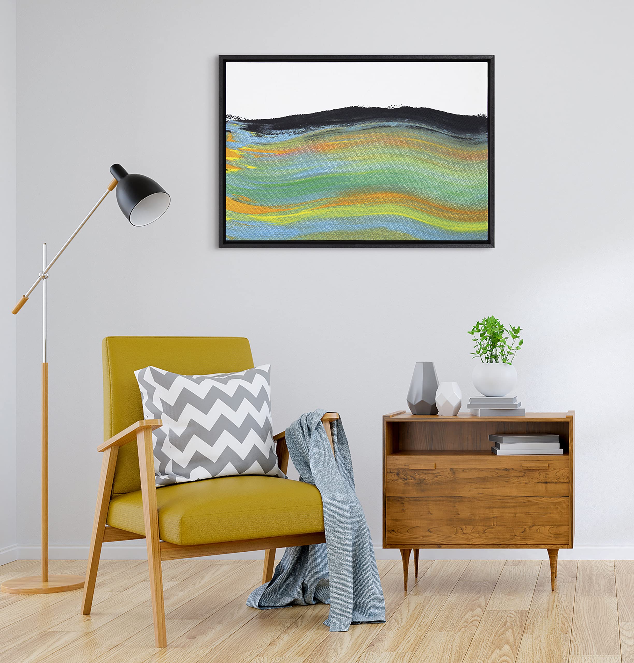 Kate & Laurel x Mentoring Positives Framed Abstract Canvas Wall Art - Sunset Landscape Painting 23x33 Inch Black Frame - Modern Home Decor for Living Room, Bedroom & Office