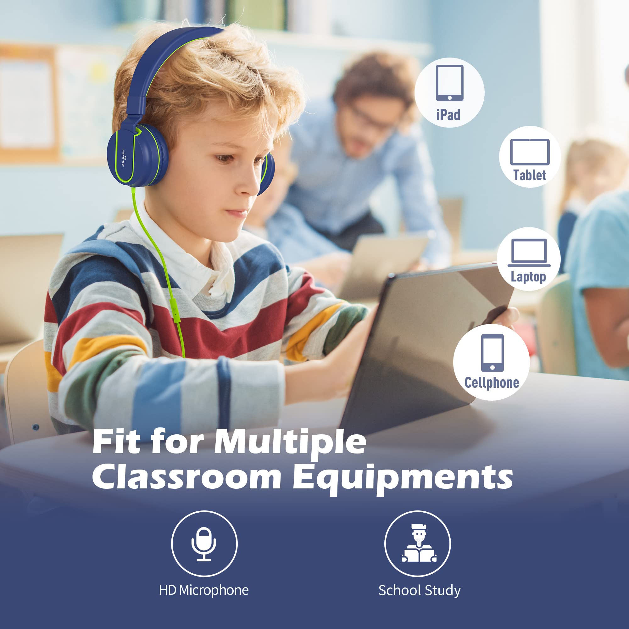 AILIHEN I35 Kids Headphones with Microphone - Volume Limited 93dB Safe Sound, Lightweight Foldable Wired Headset for Children, Girls & Boys - Compatible with Chromebook, Cellphones, Tablets (Blue Green) - Perfect for Online Classes, Homeschooling & Travel
