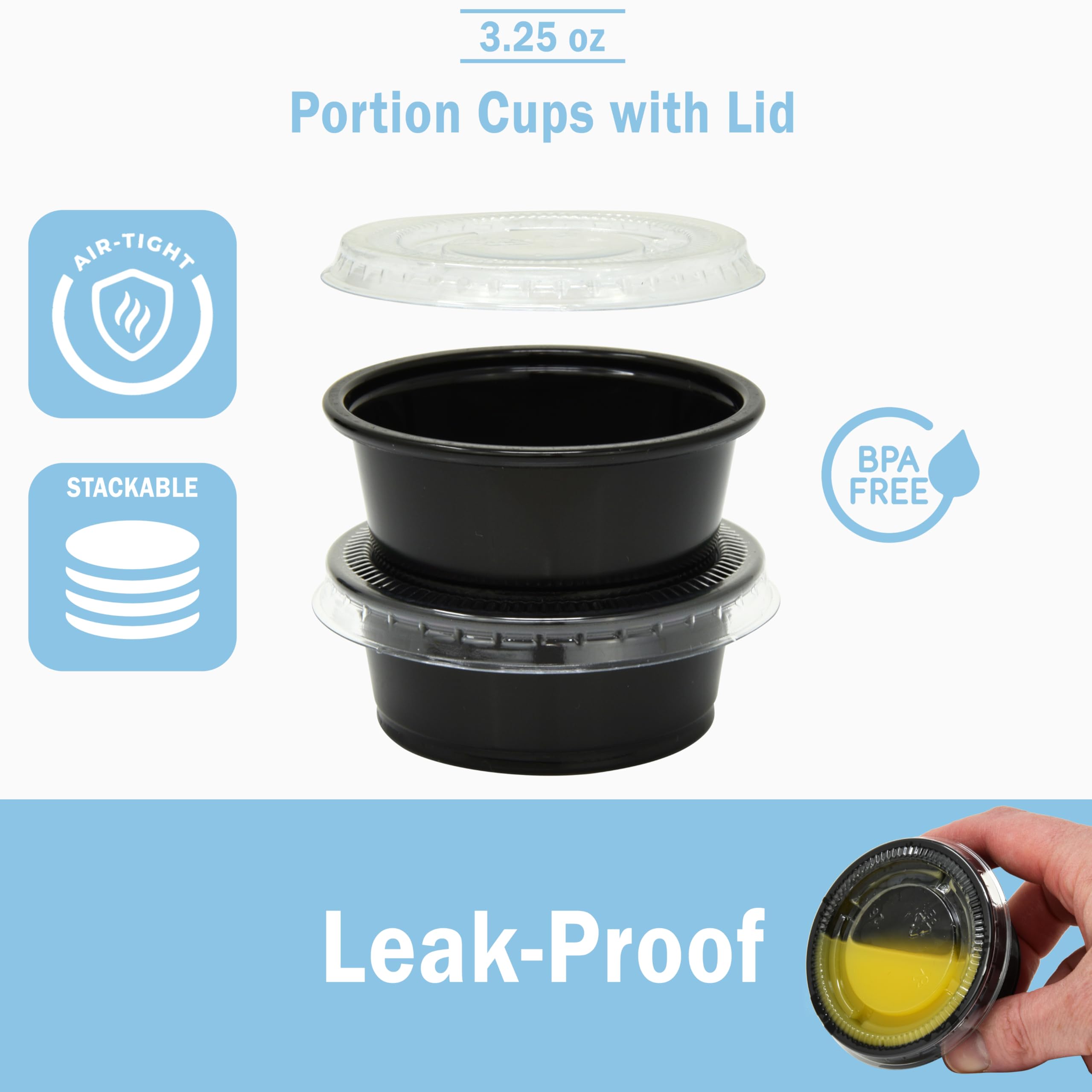 100 Sets - 3.25 oz Black Plastic Jello Shot Cups with Lids | Small Disposable Portion Containers for Sauces, Condiments, Salad Dressings | Perfect for Parties, Catering & Takeout Meals | BPA-Free Food Storage Cups