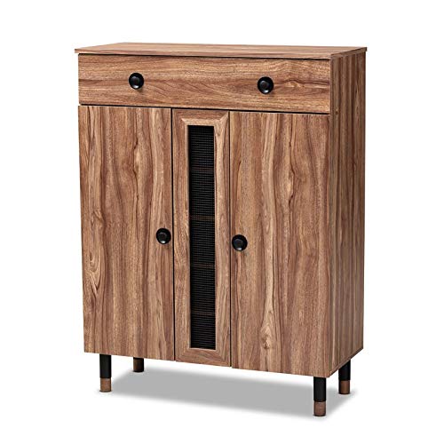 BOWERY HILL Rustic 2-Door Wooden Shoe Storage Cabinet with Drawer - 15 Pair Shoe Organizer in Oak & Black Finish | Entryway, Closet & Bedroom Storage Solution
