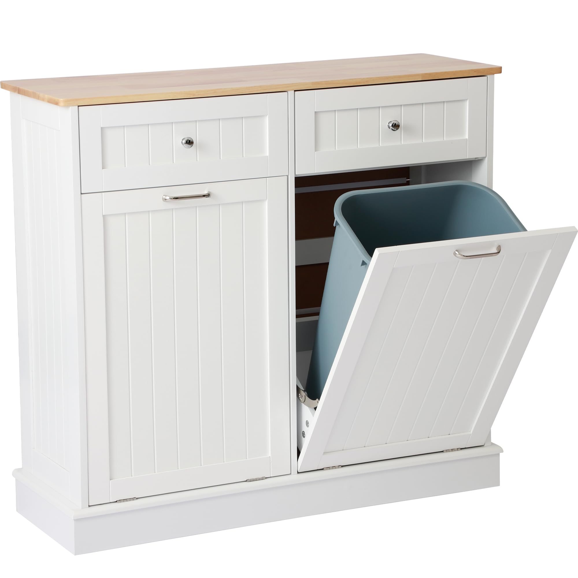 KIGOTY White Double Tilt Out Trash Cabinet - Pet Proof Kitchen Trash Can with Countertop, Drawer & Storage | Wooden Laundry Hamper for Kitchen Organization | Perfect for Small Spaces & Pet-Friendly Homes