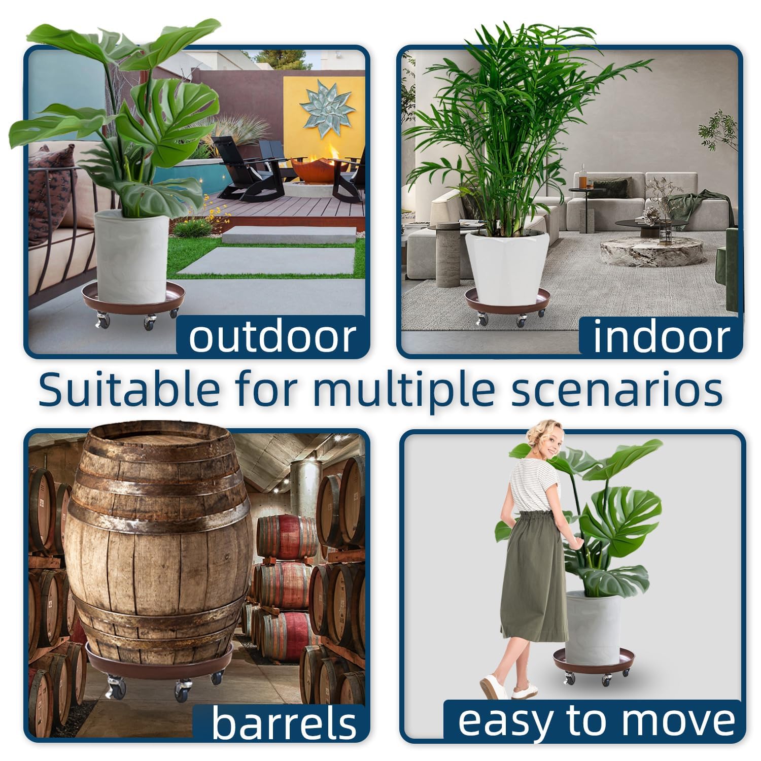 Heavy Duty Plant Caddy with Wheels & Drainage - 16 Inch Rolling Planter Stand for Indoor/Outdoor Plants - Sturdy Waterproof Garden Coaster with Saucer Tray (2 Pack) - Perfect for Moving Large Potted Plants on Patio, Deck or Greenhouse