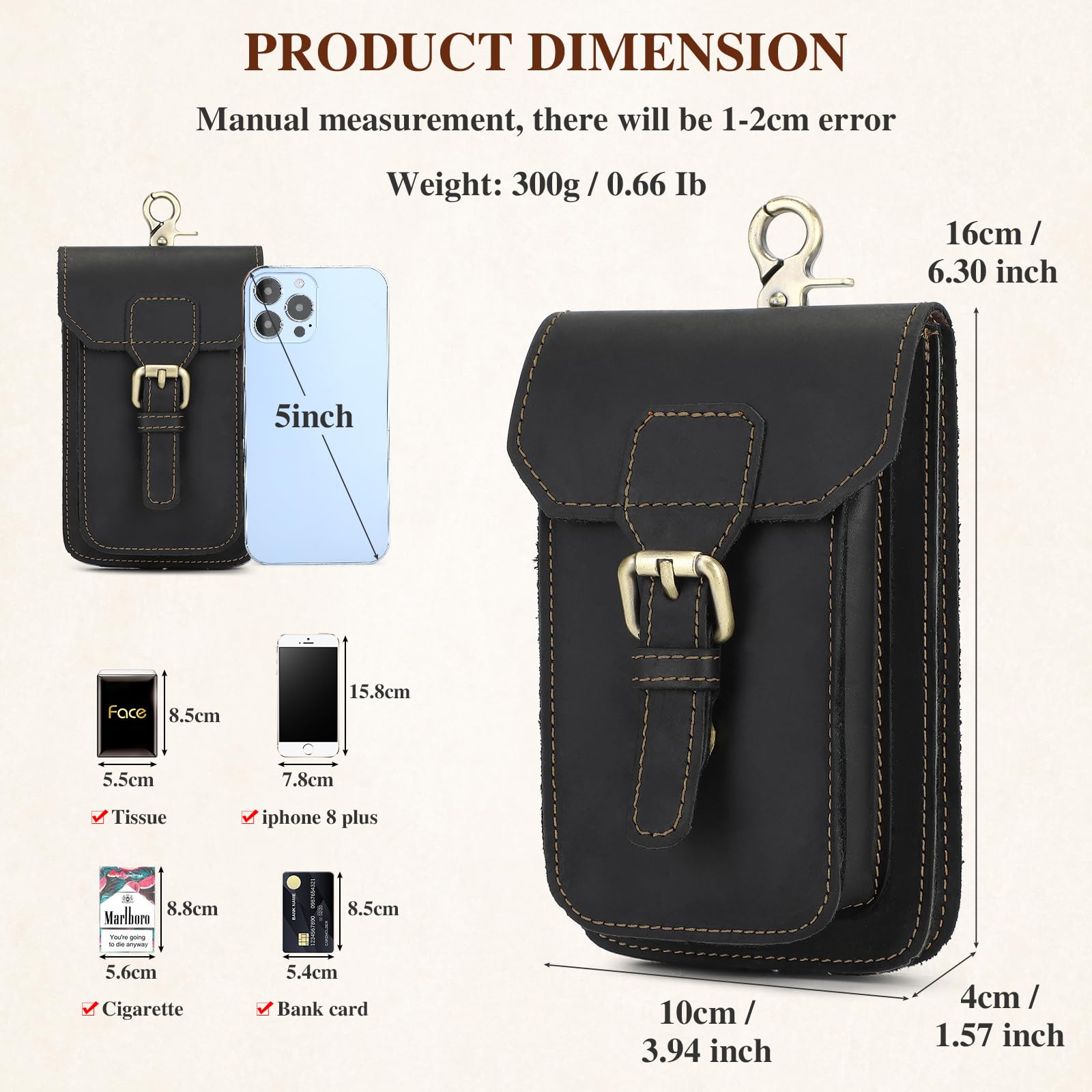 BAIGIO Genuine Leather Belt Phone Pouch - Universal Crossbody Cell Phone Holster for iPhone 16/15/14/13/12 Pro Max, Samsung Galaxy A15/A55/S24/S23/S22, Xiaomi - Perfect for Hiking, Travel & Everyday Use