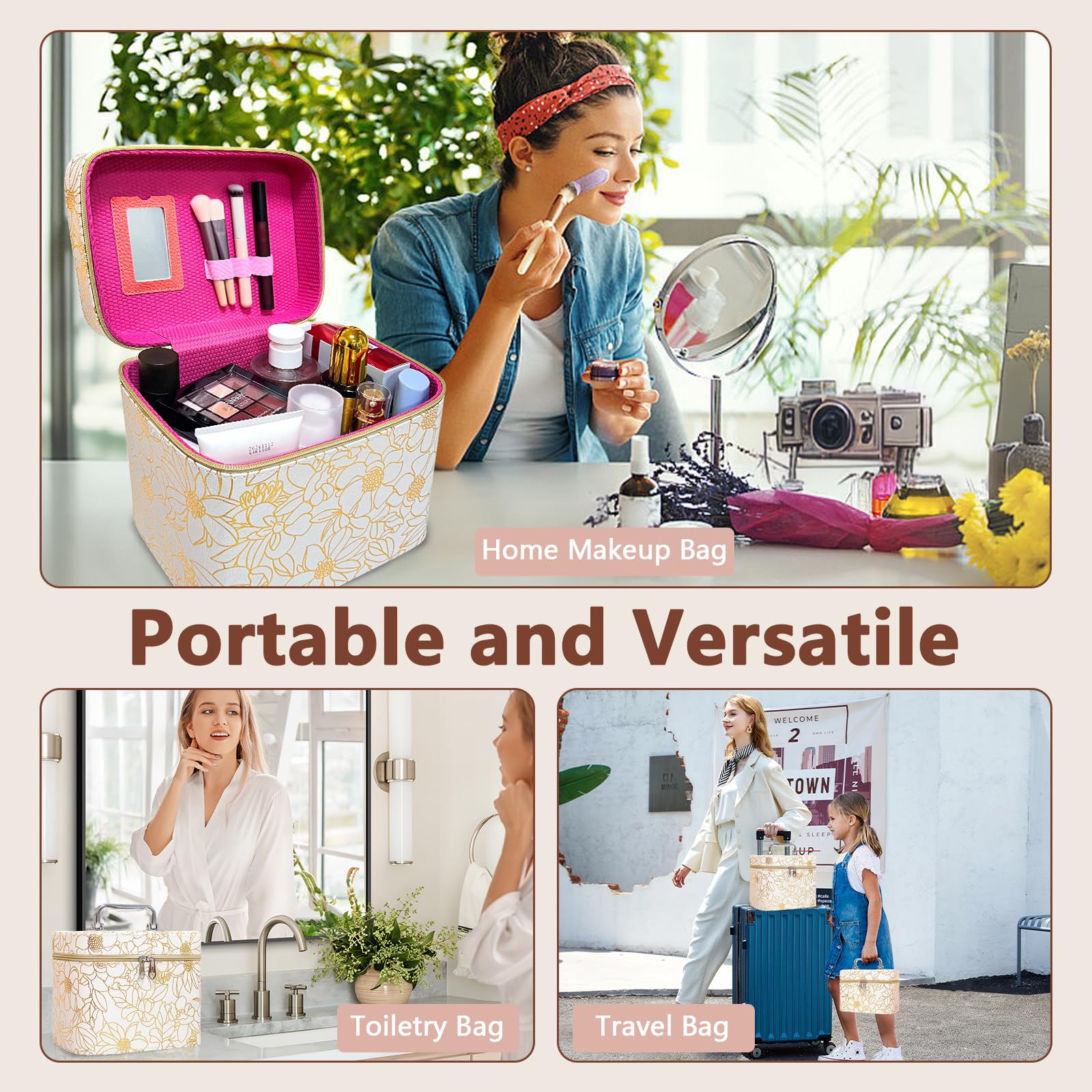Weiwei 3-Piece Travel Makeup Train Case Set - Large Waterproof Flower Leather Cosmetic Organizer Bag with Mirror for Women | Perfect for Travel, Gym & Daily Use (White)