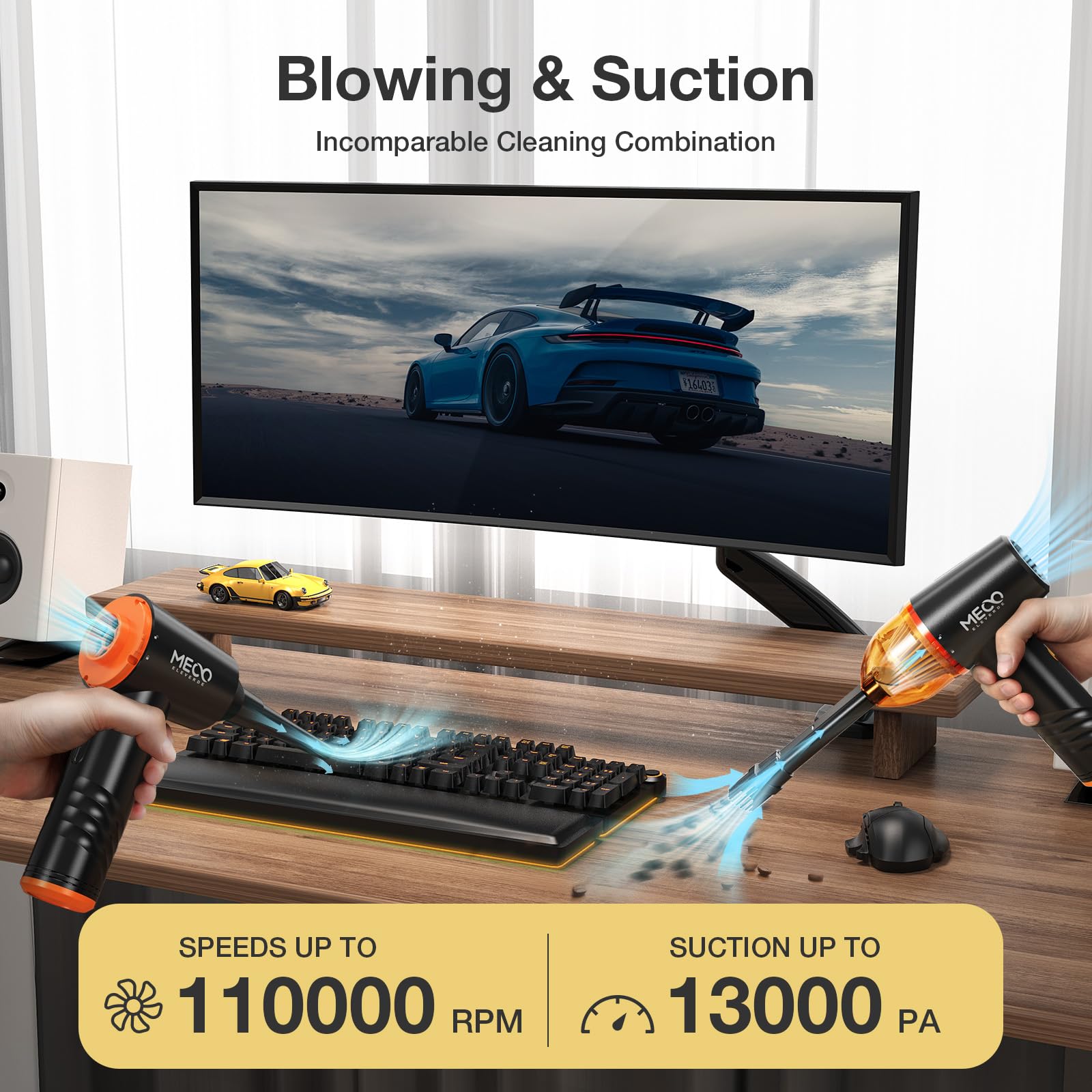 MECO 4-in-1 Cordless Electric Air Duster & Mini Vacuum Cleaner - 110,000 RPM High Speed, 13,000PA Strong Suction - Keyboard Cleaner for PC, Computer, Laptop, Car Interior, Sofa & Home Office Cleaning (Orange)