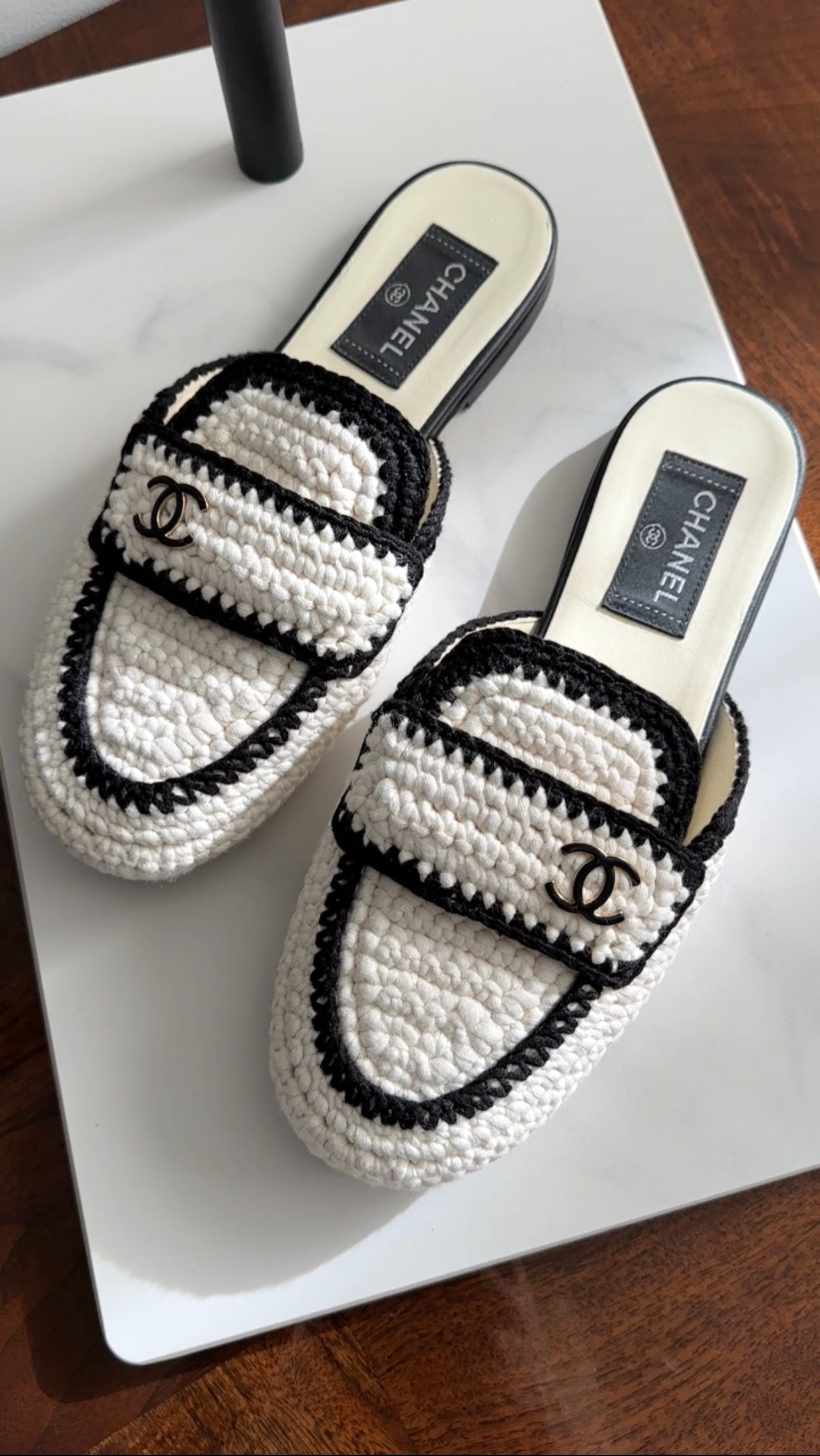 Chanel 2023 Black & White Knit CC Logo Mules - Size 37 | Luxury Designer Slip-On Shoes for Women | Perfect for Casual Outings & Office Wear