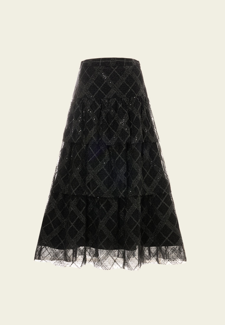 Layered Lurex Diamond Mesh Maxi Skirt for Women - Sparkly Evening Party Dress for Prom, Wedding & Special Occasions