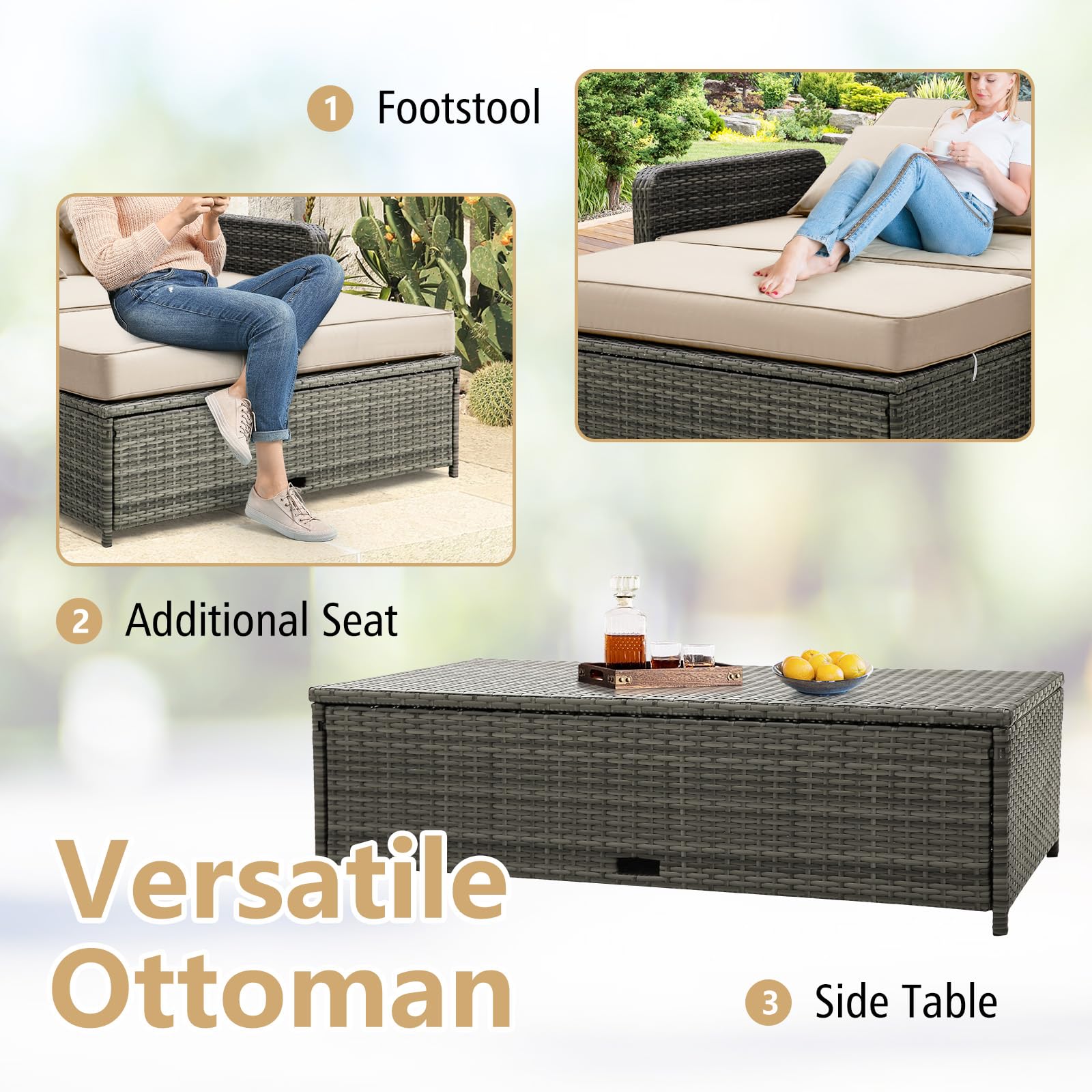 Tangkula Patio Rattan Daybed Set with Adjustable Backrest - Wicker Loveseat Sofa, Ottoman & Retractable Side Tray - Outdoor Furniture with Storage Footstool & Cushions - Perfect for Poolside, Garden or Patio Relaxation