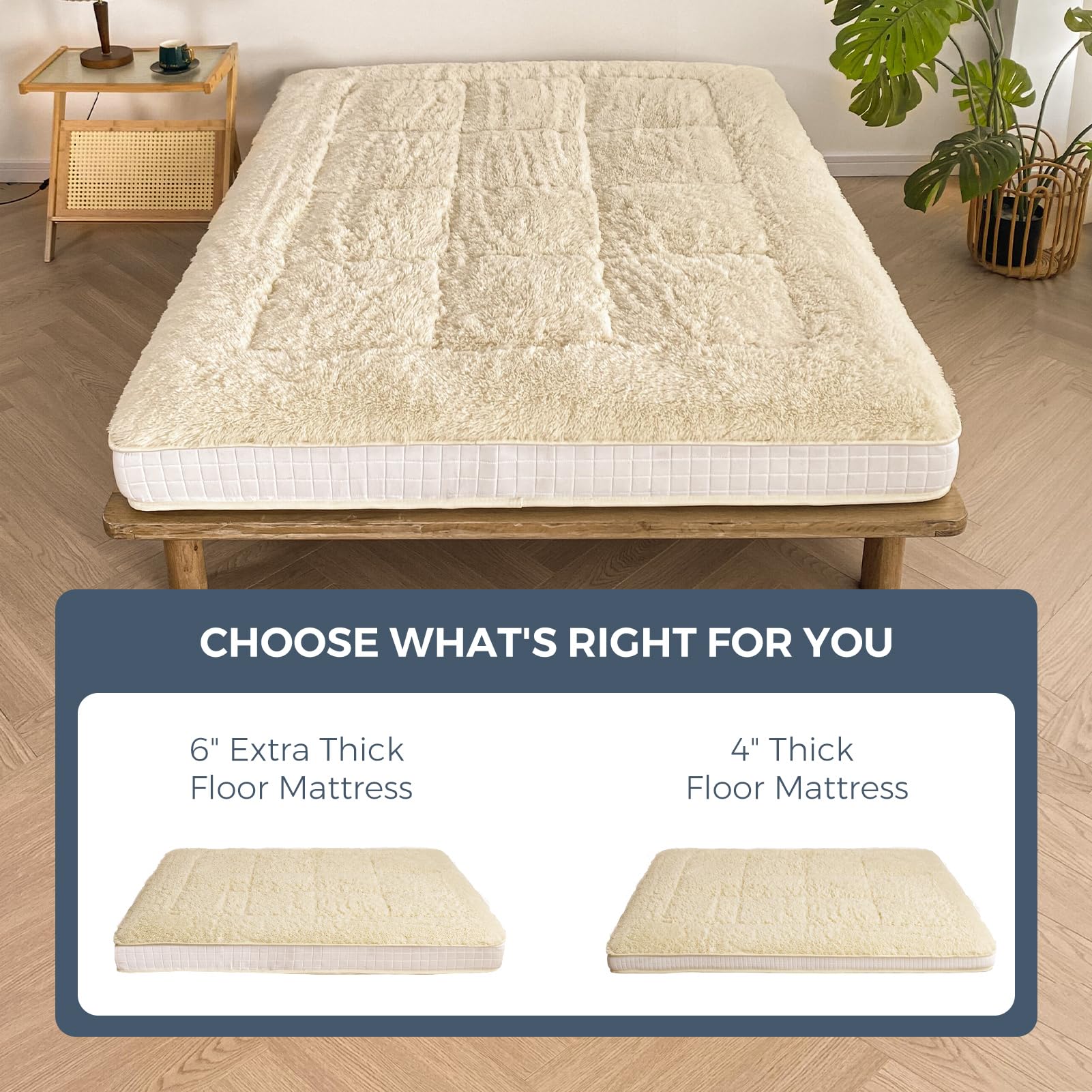 MAXYOYO 6-Inch Extra Thick Fluffy Floor Futon Mattress - Queen Size Plush Square Quilted Mattress for Adults & Guests (Beige) | Perfect for Living Room Lounging, Sleepovers & Guest Bedding