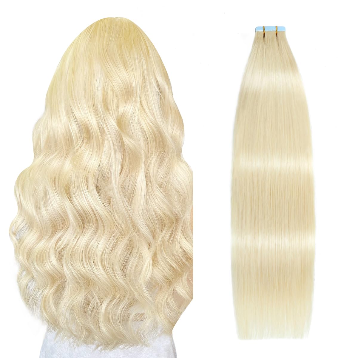 SUYYA 20pcs 20-inch Bleach Blonde #613 Tape-in Hair Extensions - 100% Real Human Hair, 50g/pack, Straight Seamless Skin Weft - Perfect for Daily Wear, Parties & Special Occasions