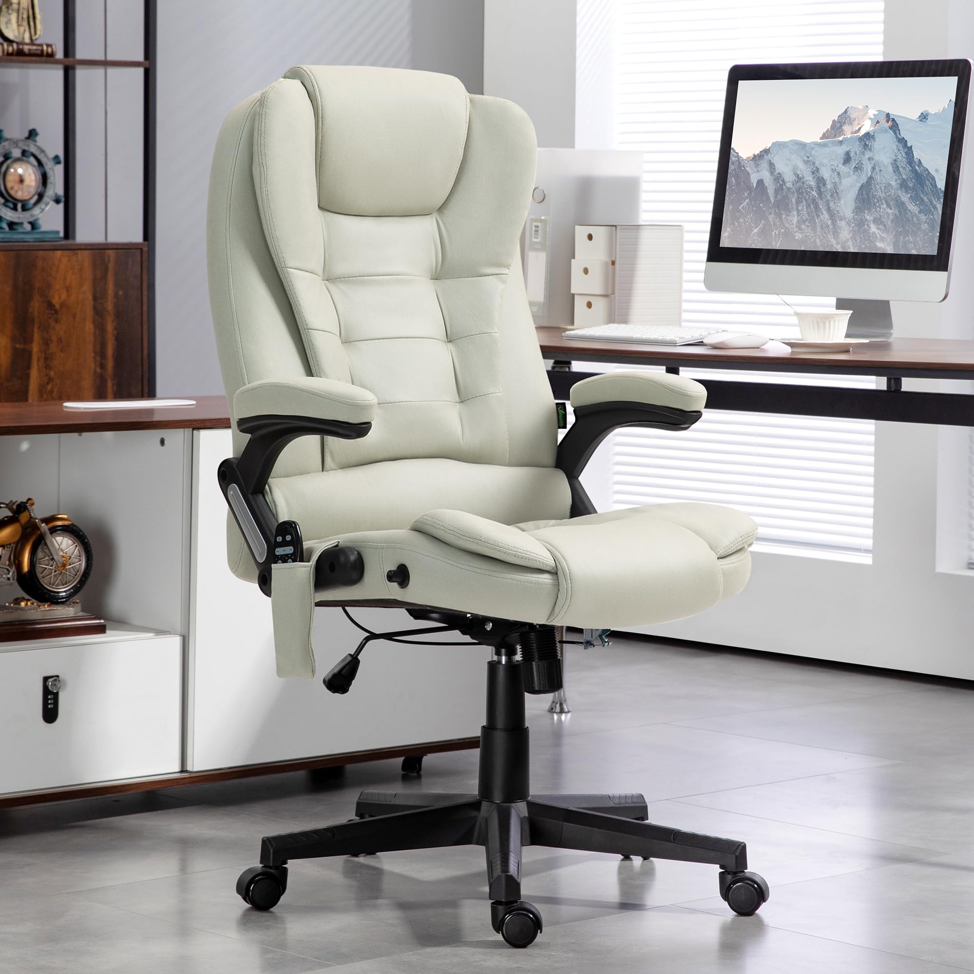 HOMCOM 6-Point Vibrating Massage Office Chair with Heating - High Back Executive Chair, Reclining Backrest & Padded Armrests - Remote Control - Beige Microfiber - Perfect for Home Office, Gaming & Relaxation