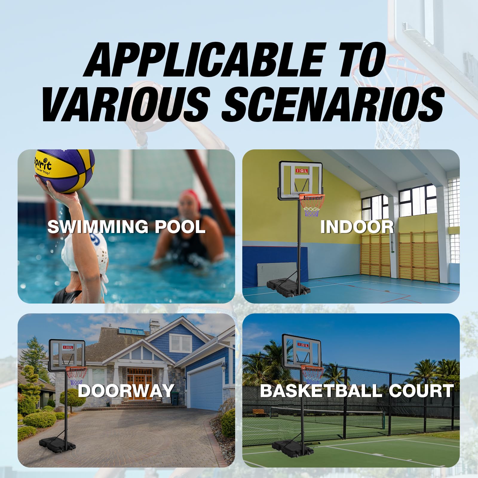 Adjustable Basketball Hoop 4.8-10ft - Portable Basketball Goal System with PC Backboard for Driveway, Pool, Indoor Use - Perfect for Teens & Adults Outdoor Games & Backyard Fun