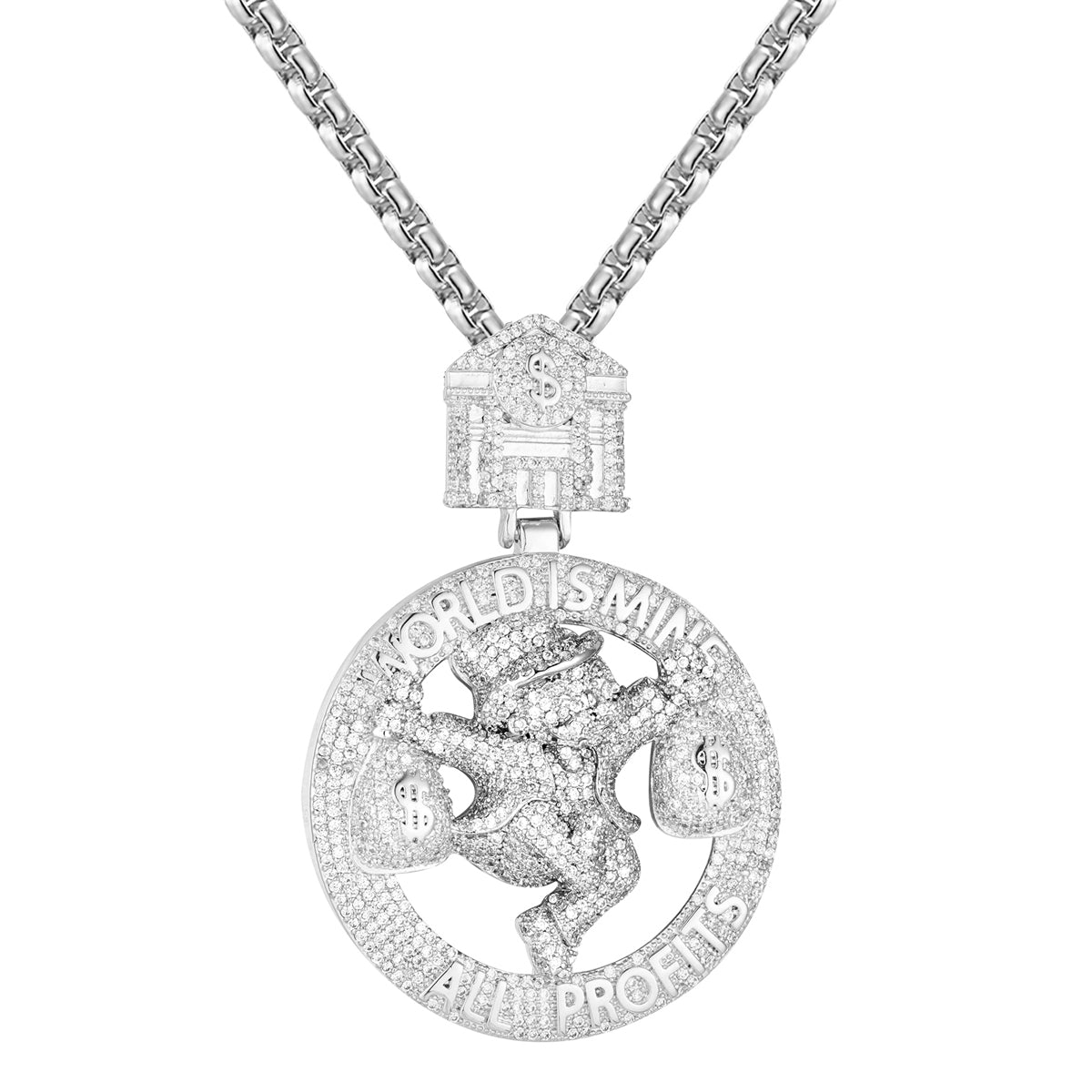 925 Sterling Silver 'World Is Mine' Dollar Bag Hip Hop Custom Pendant Necklace for Men - Perfect for Rappers, Streetwear Fashion & Hip Hop Jewelry Collection