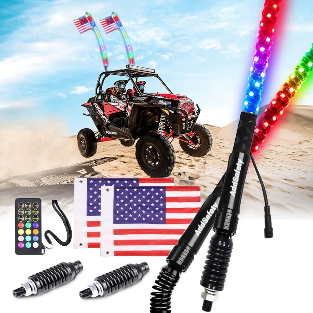 2PCS 6FT RF Remote Control RGB LED Whips Light with Spring Bases - Color Changing Dancing/Chasing Lights for Cars, Motorcycles, Boats & Parties | Waterproof Flexible Neon Tube for Night Rides, Raves & Outdoor Decor