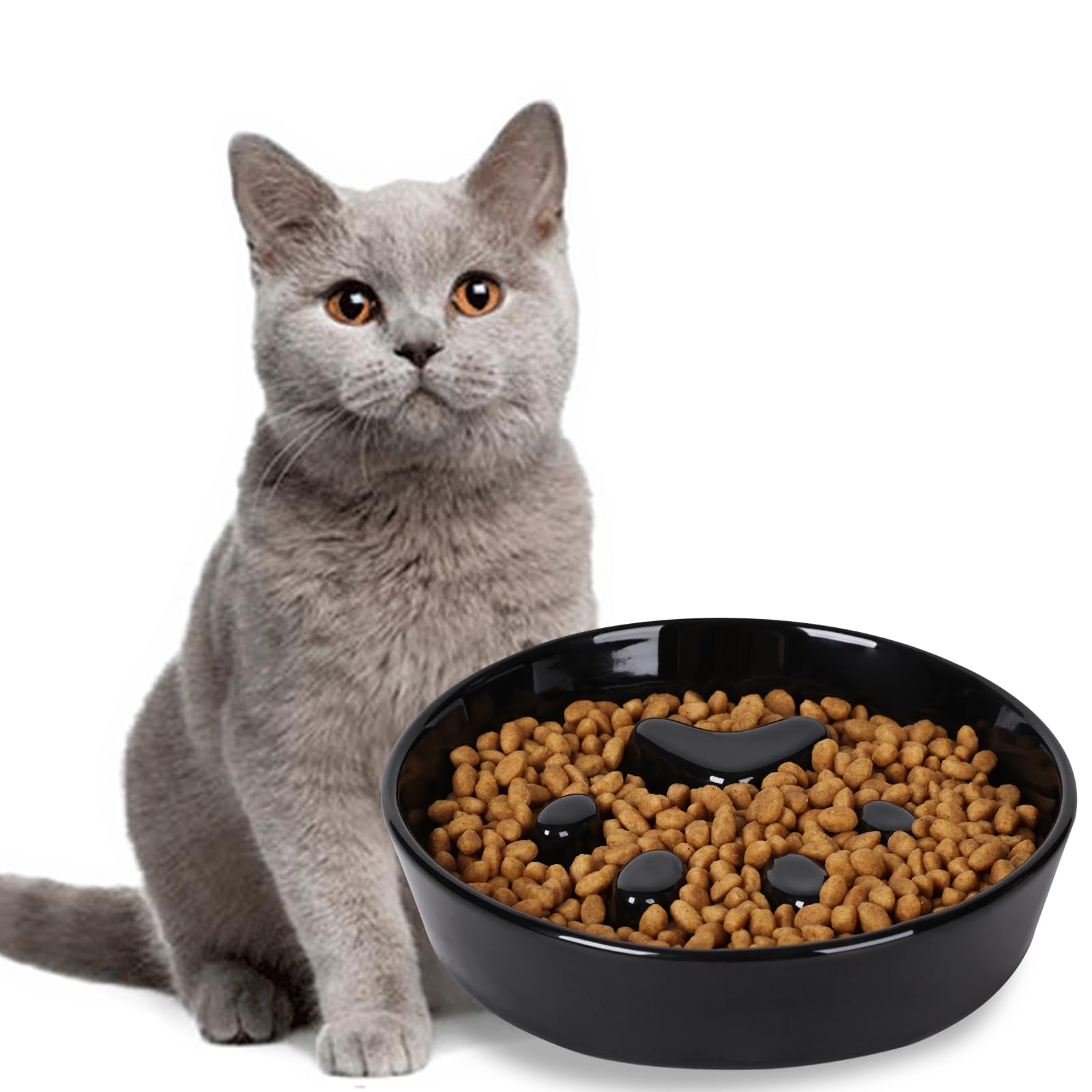 Ceramic Slow Feeder Cat Bowl - Fun & Interactive Pet Food Dish for Fast Eaters (Black) - Perfect for Portion Control & Mental Stimulation During Mealtime