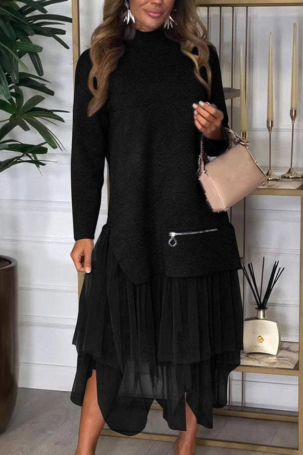 Taylor Knit Turtleneck Zip-Up Top & Elastic Waist Tulle Loose Midi Skirt Set - Women's Casual Winter Outfit for Office, Date Night & Holiday Parties