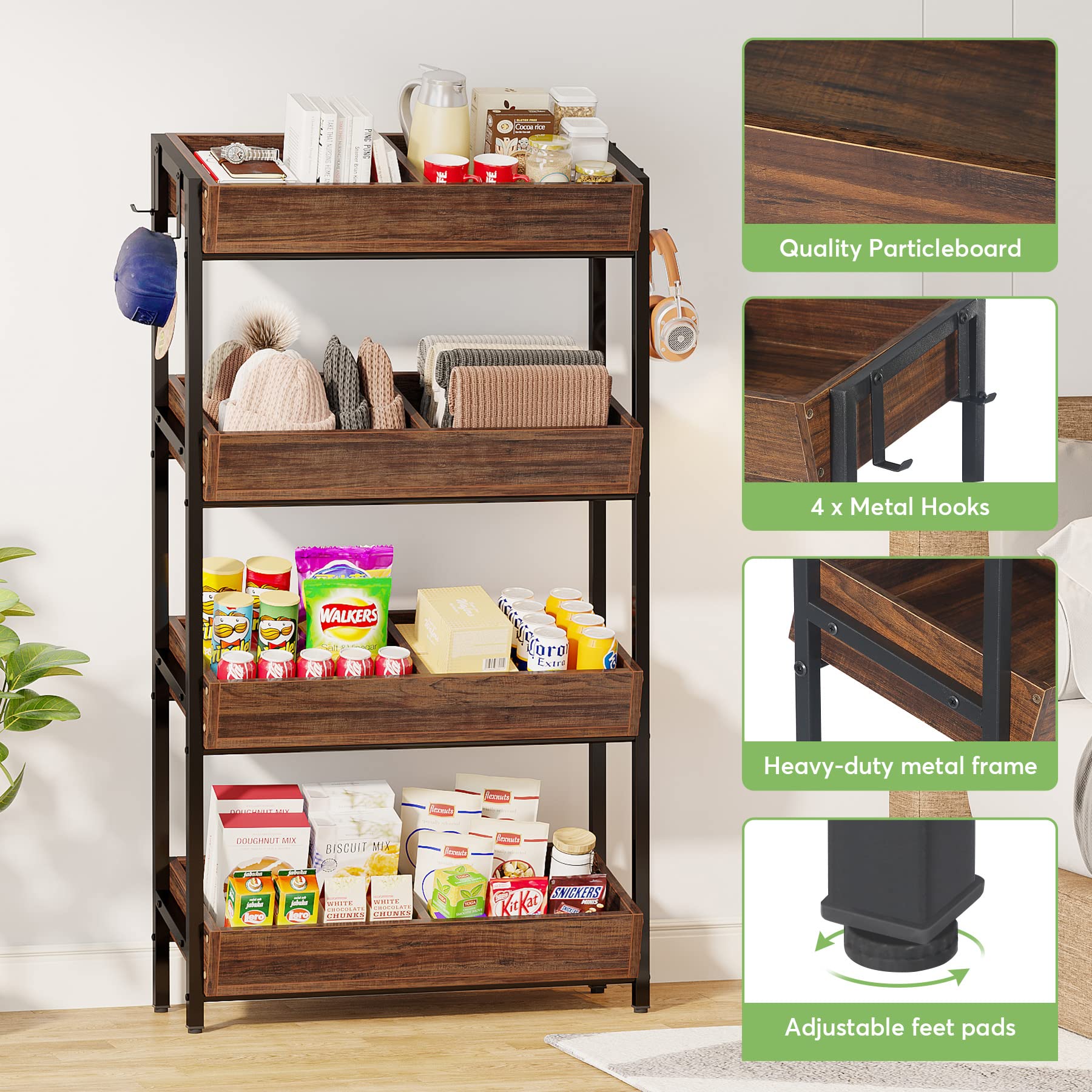 Tribesigns 4-Tier Wooden Storage Shelf - Kitchen Fruit & Vegetable Basket Stand, Pantry Organizer for Snacks, Office & Store Utility Rack - Space-Saving Brown & Black Shelving Unit | Perfect for Kitchen Organization, Pantry Storage, Retail Display & Home Decor