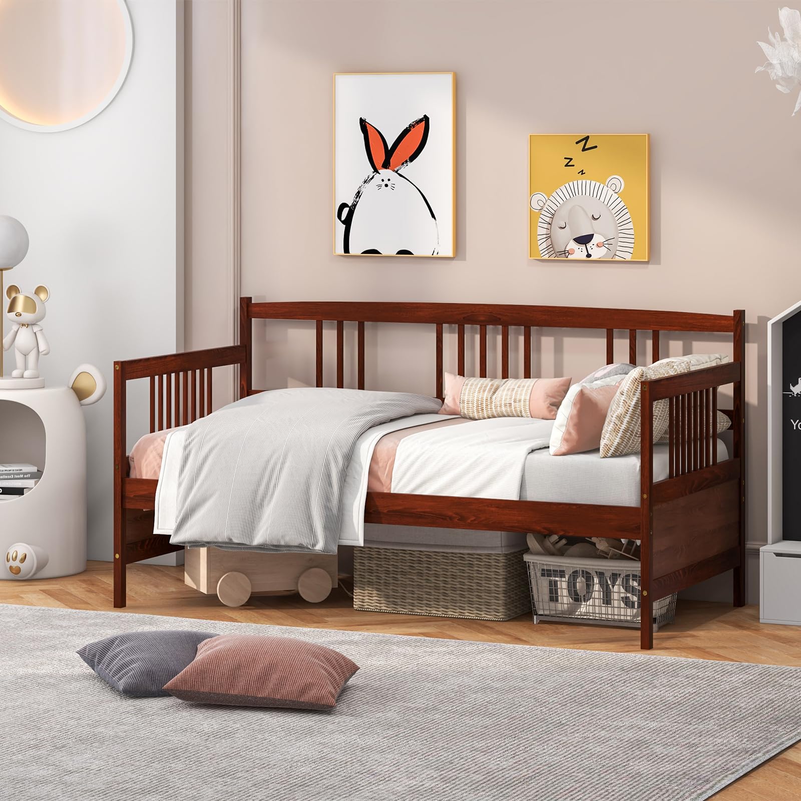 Giantex Twin Size Wooden Daybed Frame with Rails & Slat Support - Convertible Sofa Bed for Guest Room, Living Room or Bedroom - No Box Spring Needed - Cherry Finish - Perfect for Small Spaces, Sleepovers & Multi-Functional Furniture Needs