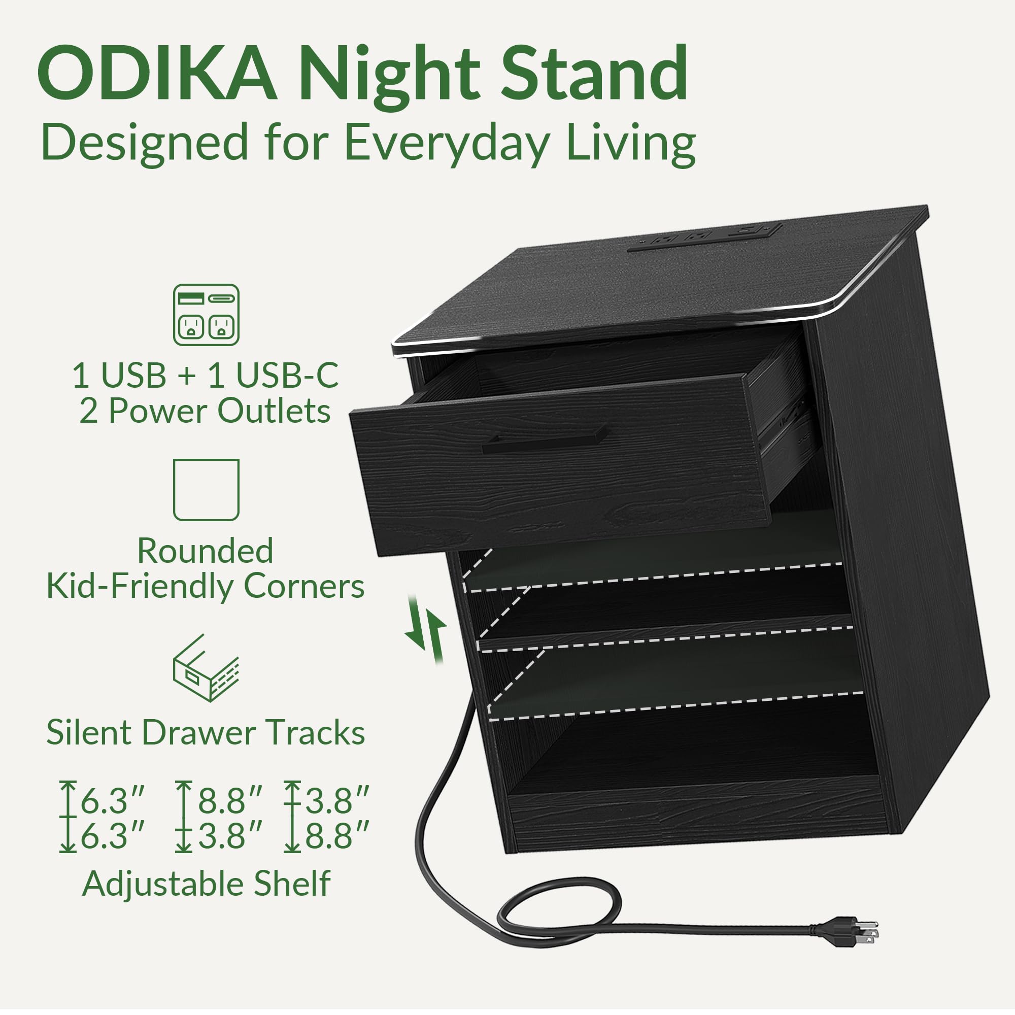 Fast Charging Wooden Side Table with USB-C Port - Black Nightstand with Drawer & Adjustable Shelf for Bedroom | Compact End Table for Phone Charging, Reading Lamp & Alarm Clock Placement (Set of 1)