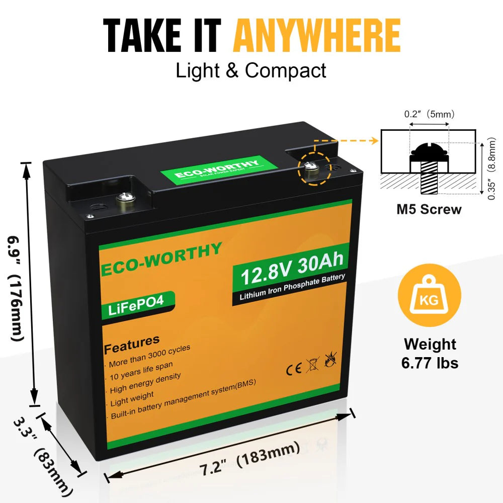 ECO WORTHY 12V 10Ah 30Ah LiFePO4 Lithium Iron Phosphate Battery - Rechargeable Deep Cycle Battery for Solar Power, RV, Marine, and Off-Grid Applications