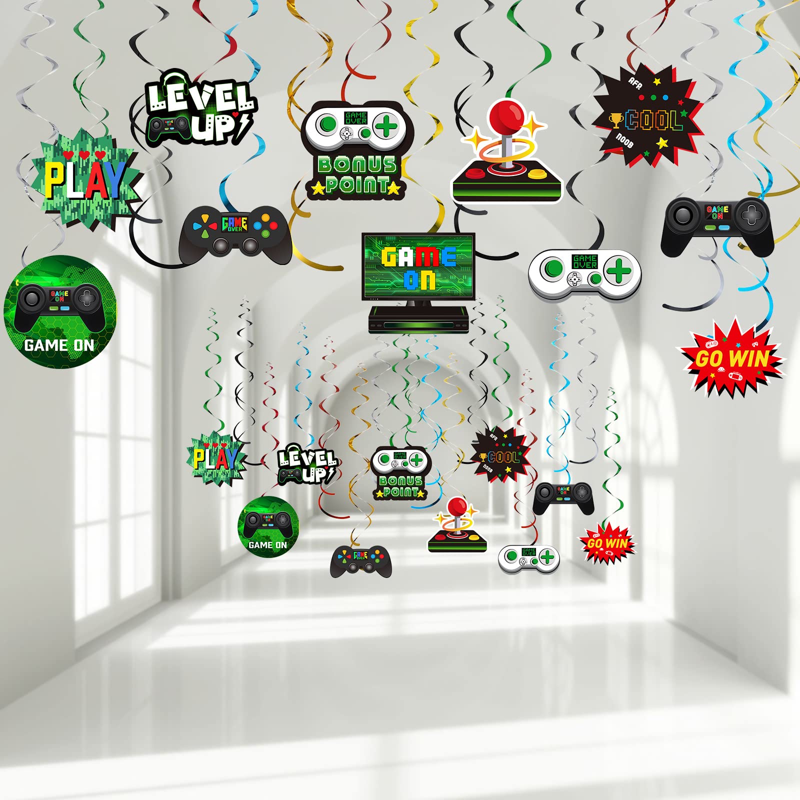 Sumind 51-Piece Green Video Game Hanging Swirl Decorations - Foil Ceiling Streamers for Gamer Birthday Party, Game Theme Decorations - Perfect for Gamer Parties, Gaming Room Decor & Esports Events
