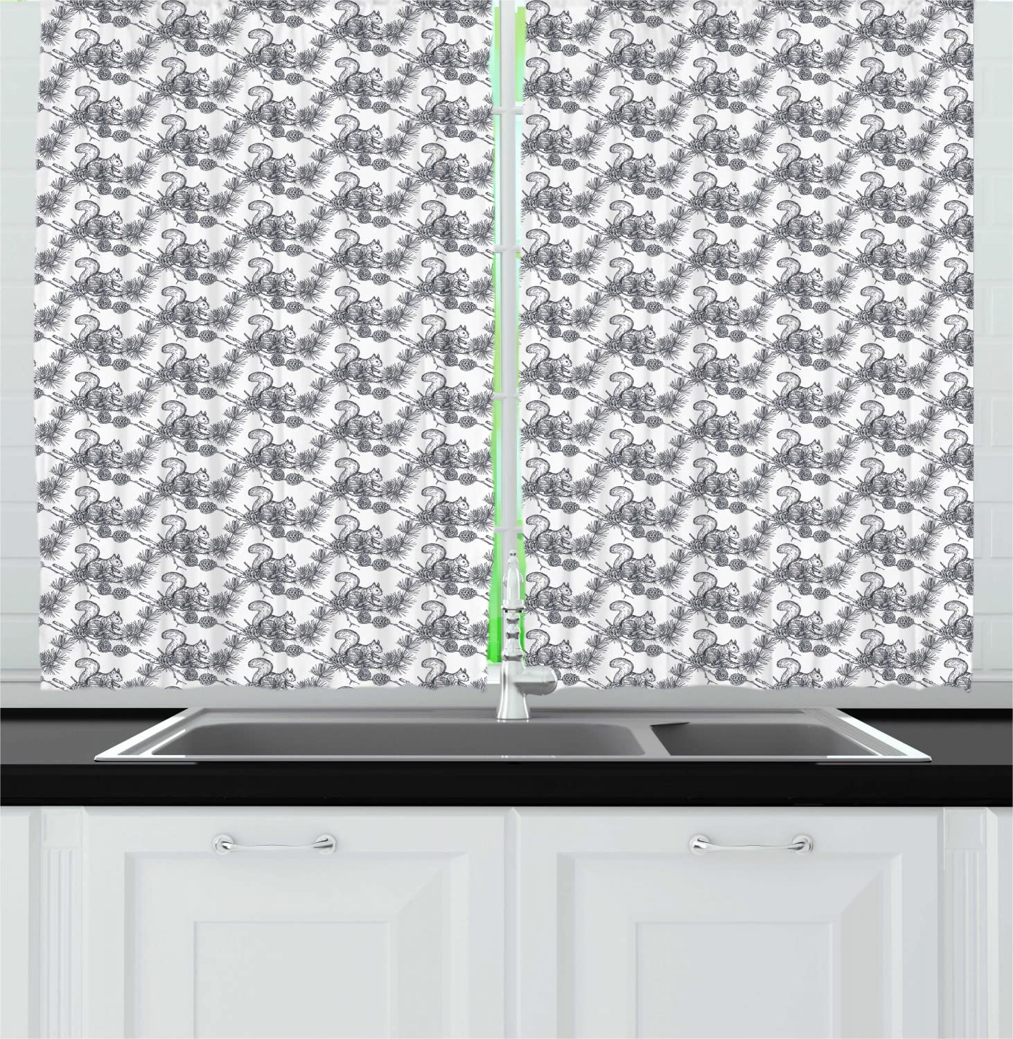 Ambesonne Squirrel & Pine Cones Kitchen Curtains - 55