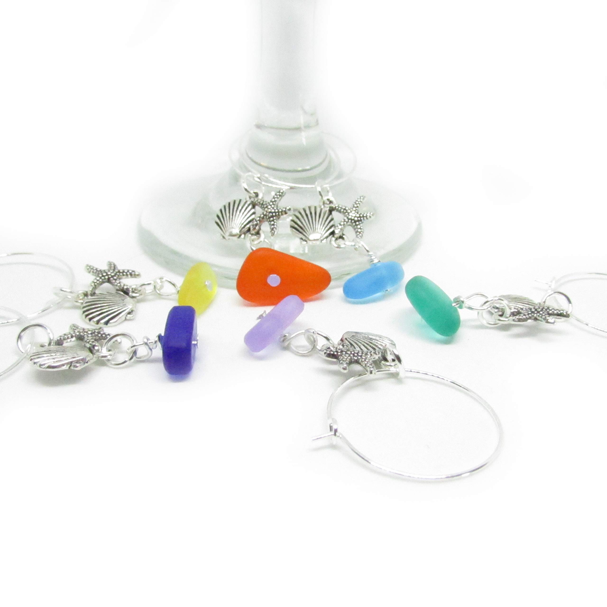 Sea Glass Wine Glass Charms Set of 6 - Starfish & Seashell Cocktail Charms for Beach Party Favors - Unique Gifts for Women - Valentine's Day, Bridal Shower & Summer Wedding Decor - Perfect for Beach Themed Parties, Girls Night Out & Coastal Home Decor