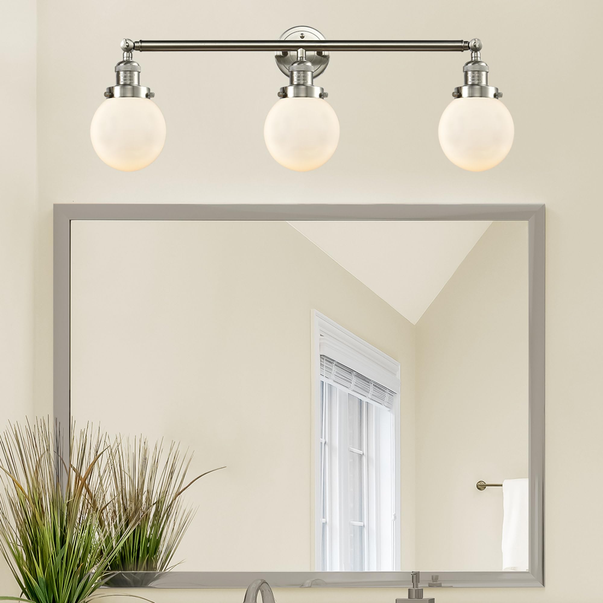 Brushed Satin Nickel Bathroom Vanity Light - 3-Light Beacon Fixture for Modern Bathroom & Dressing Room Lighting