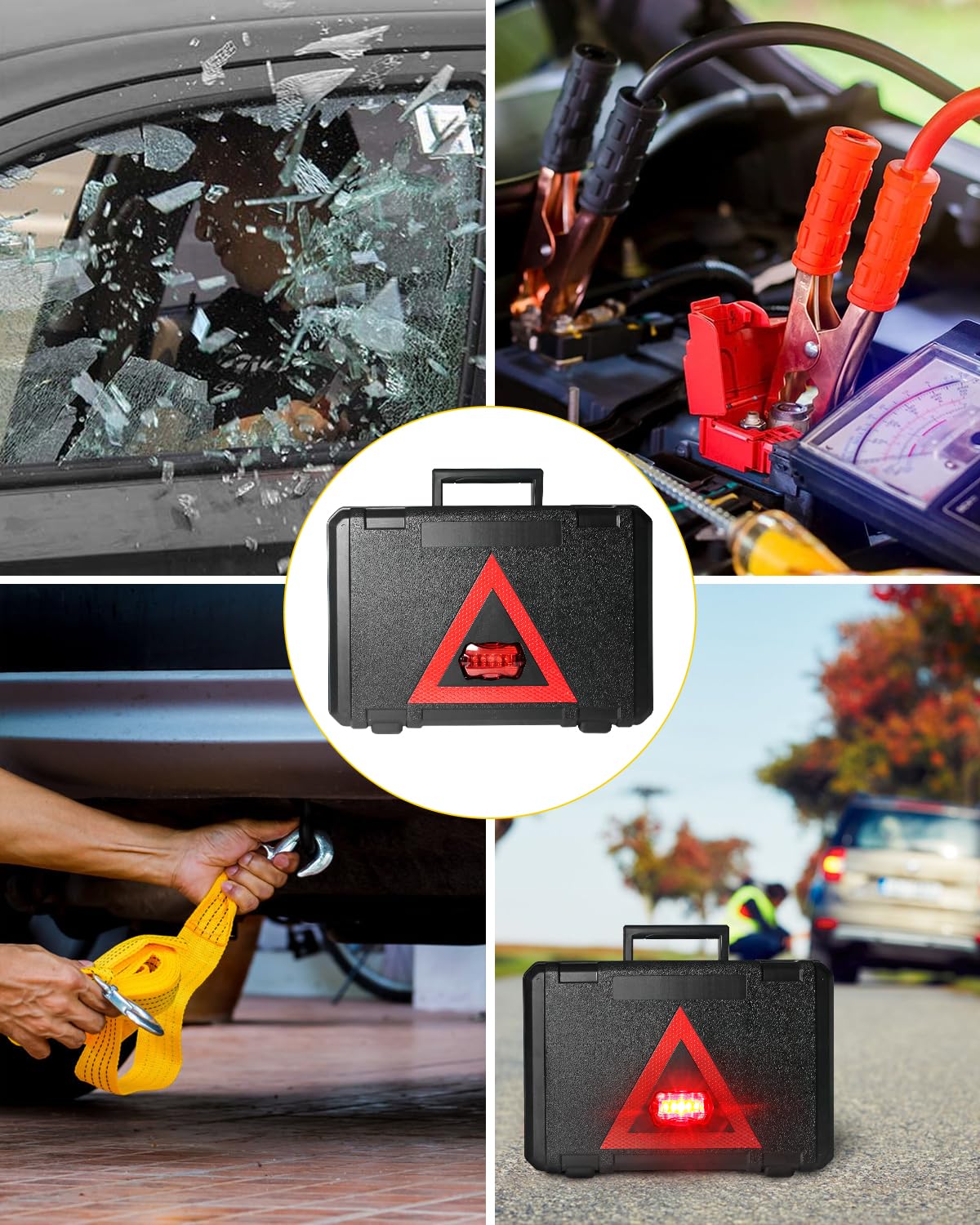 Premium Car Emergency Kit - Roadside Assistance Essentials with Warning Light, Reflective Triangle, Jumper Cables, Tow Strap, Flashlight & First Aid Kit | Complete Vehicle Safety Tools for Road Trips, Commuting & Winter Driving Preparedness