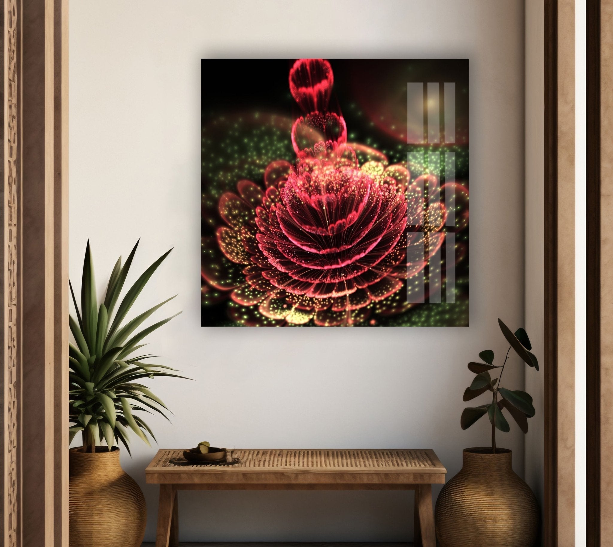 Abstract Red Flower Glass Wall Art - Modern Home Decor for Living Room, Bedroom & Office - Elegant Handmade Glass Painting for Unique Interior Design