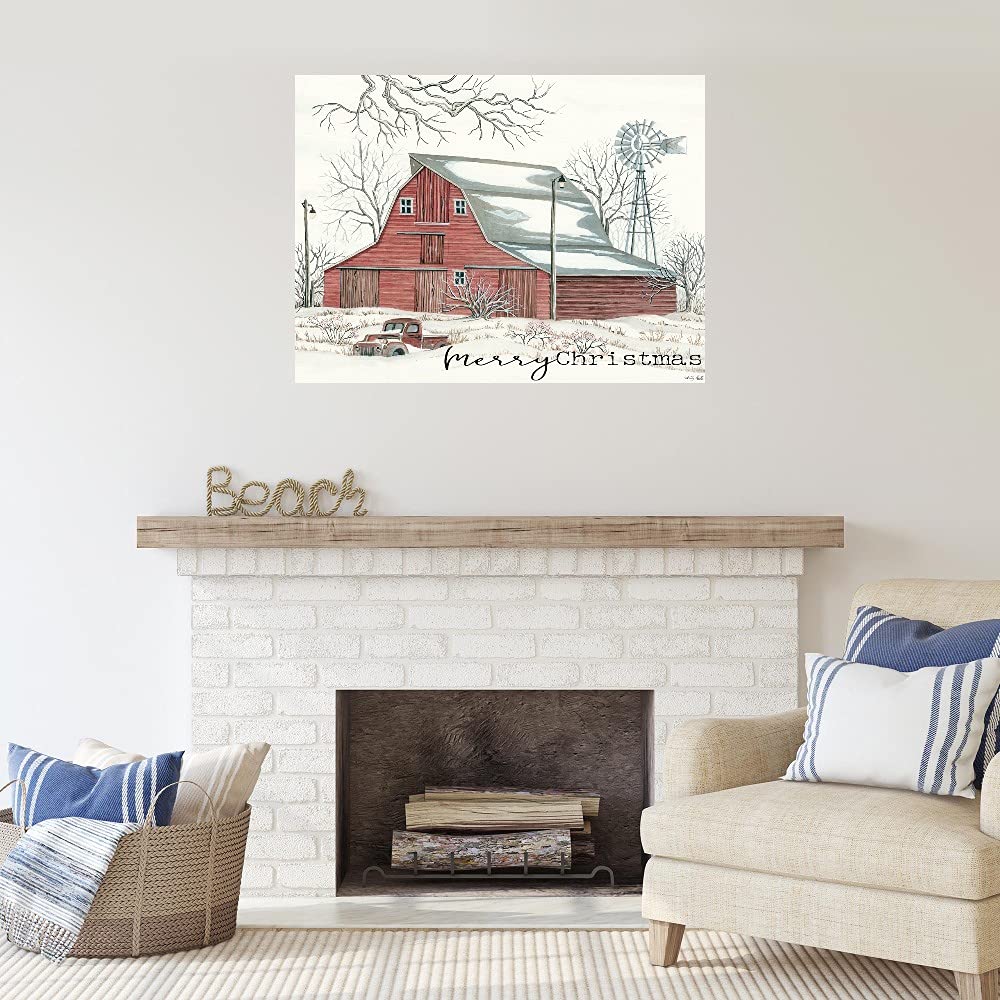 Merry Christmas Farm Canvas Wall Art - Hand Painted by Artist Cindy Jacobs - 46x35 Inch Ready to Hang Canvas Print - Perfect for Living Room, Bedroom, Office & Holiday Decor - Farmhouse Christmas Decorations for Home, Dining Room & Guest House