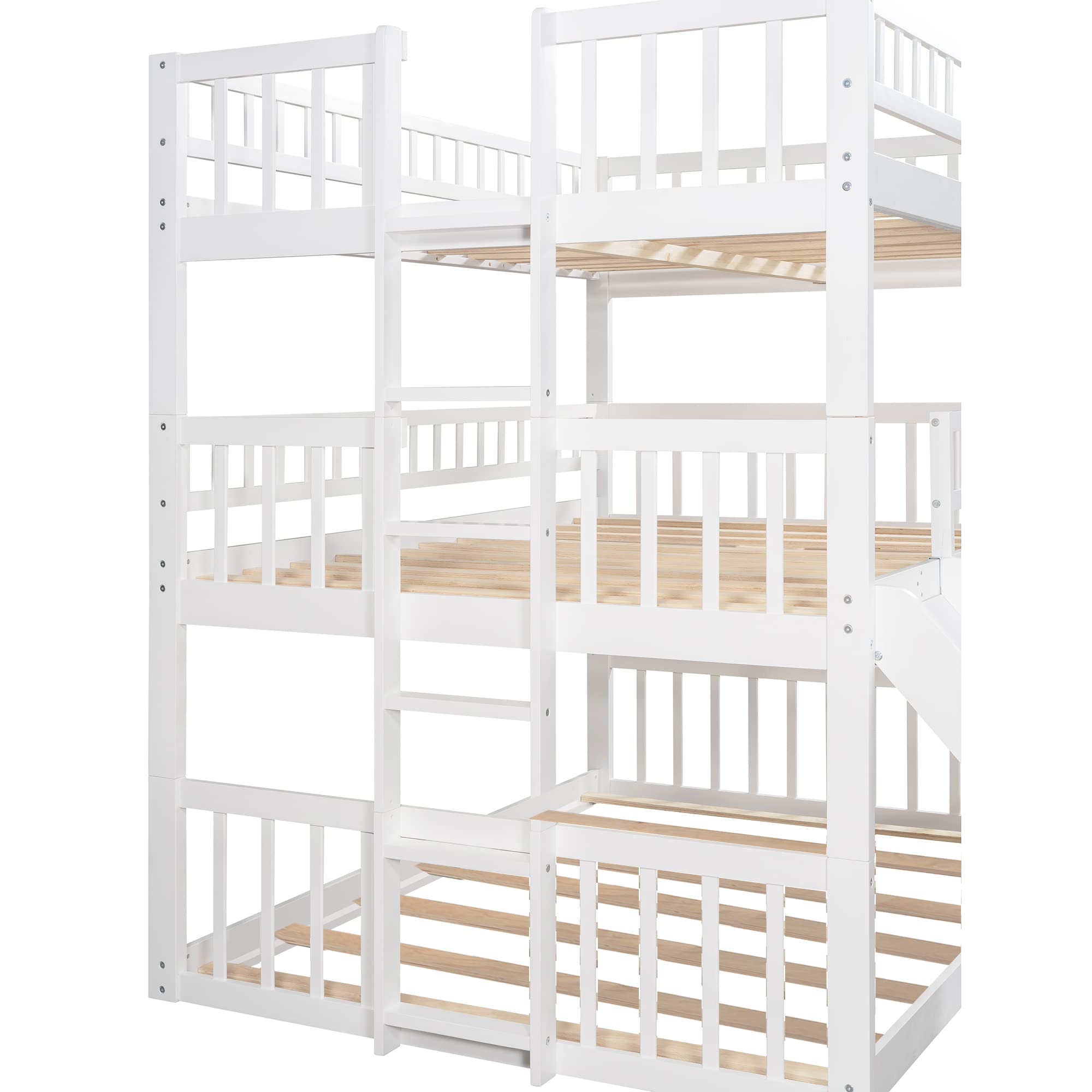 Harper & Bright Designs White Triple Bunk Beds with Slide - Full Over Full Over Full Wooden Bunk Bed Frame with Built-in Ladder - Space Saving Kids, Teens & Adults Bedroom Furniture for Small Rooms, Vacation Homes & Shared Bedrooms