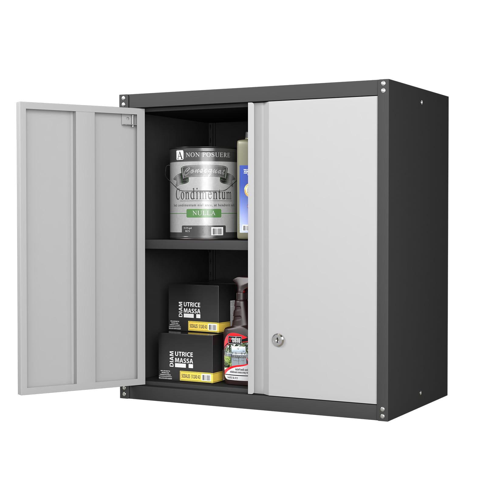 Metal Wall Mounted Storage Cabinet with Adjustable Shelves & Locking Doors - Heavy Duty Steel Garage Cabinet for Home Office, Utility Room & Workshop Organization