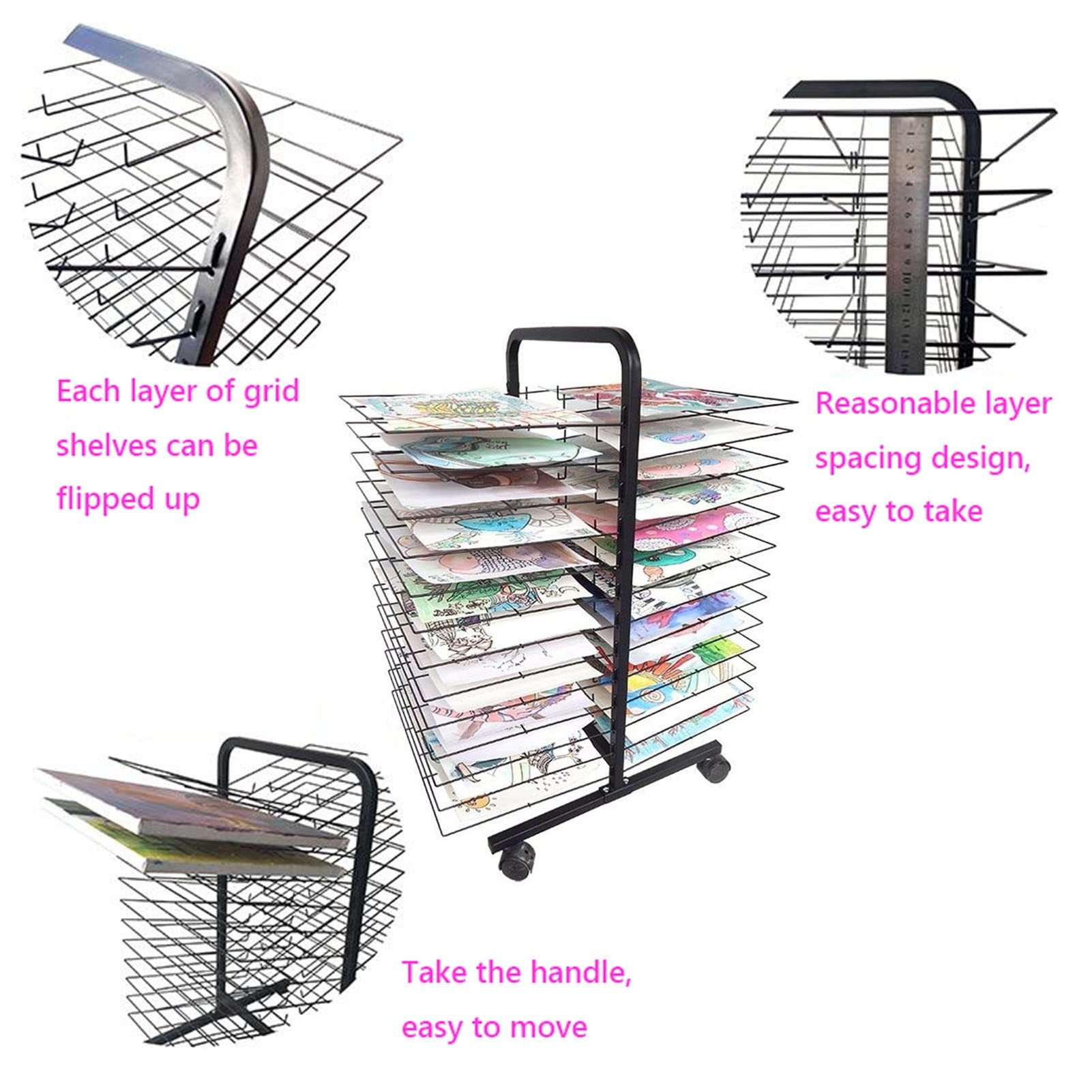 Mobile Art Drying Rack - 50 Shelves, 4 Wheels, Black Metal Steel Double-Sided A3 Paper Painting Drying Rack for Artwork, Classroom, Studio & Home | Perfect for Drying Paintings, Drawings & Crafts