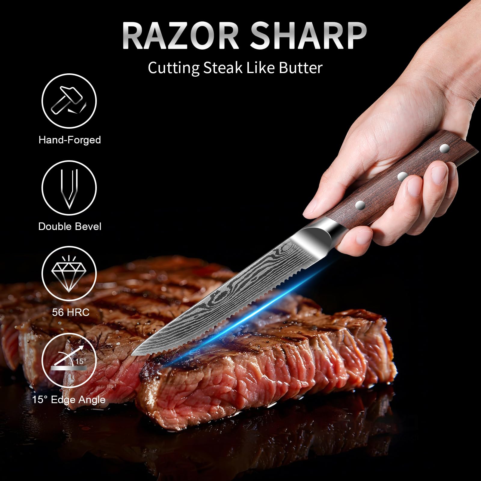 Premium 6-Piece Japanese Serrated Steak Knife Set - High-Quality Stainless Steel Dishwasher Safe Kitchen Knives with Full Tang Design & Elegant Gift Box - Perfect for Steak Dinners, BBQ Parties & Housewarming Gifts for Parents