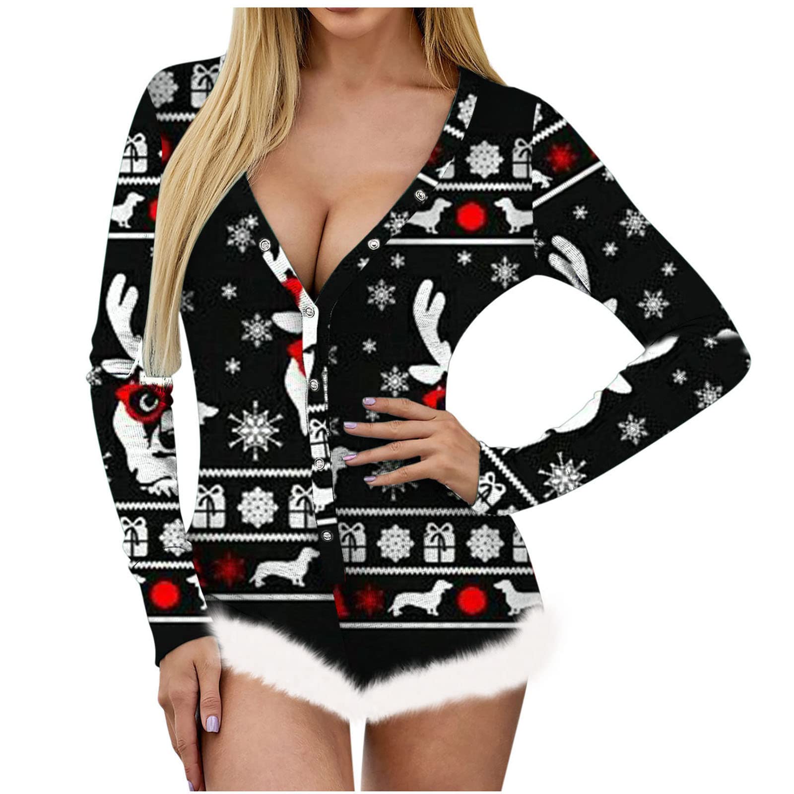 ESULOMP Women's Sexy Christmas Print Feather Detail Long Sleeve Bodysuit - Deep V Neck Lingerie & Pajama Leotard for Holiday Parties, Valentine's Day & Romantic Nights
