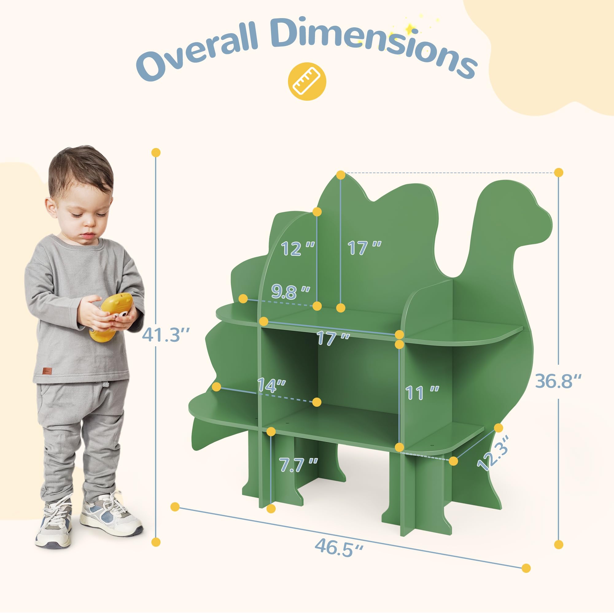 Dinosaur-Themed 2-Tier Wooden Kids Bookshelf - Toy Storage & Book Organizer for Nursery, Bedroom, Playroom - Perfect for Toddler Room Decor & Learning Space Organization