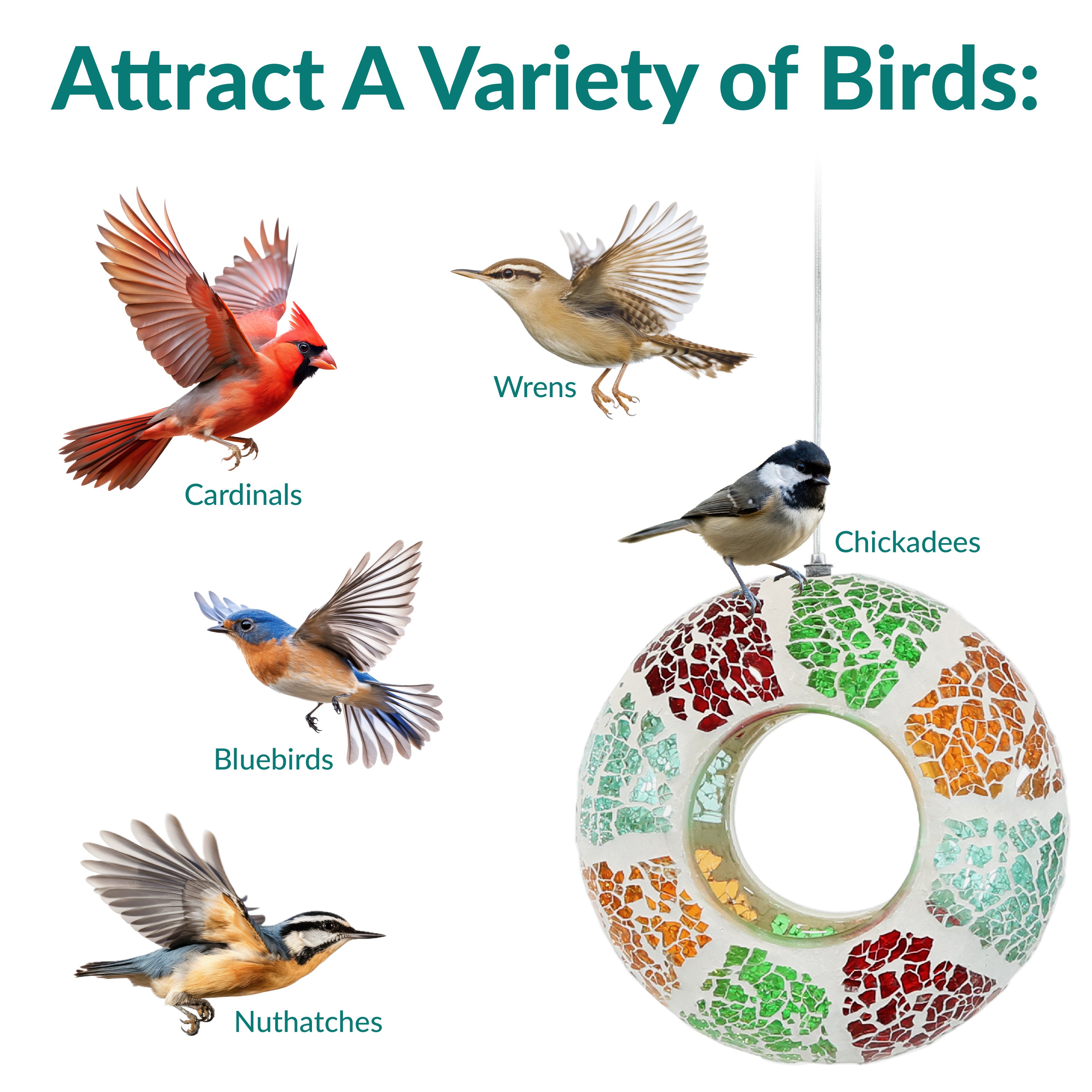 Sunnydaze Mosaic Fly Through Hanging Bird Feeder - 6 Inch Decorative Garden Bird Feeder for Outdoor Use, Attracts Wild Birds to Your Backyard or Patio