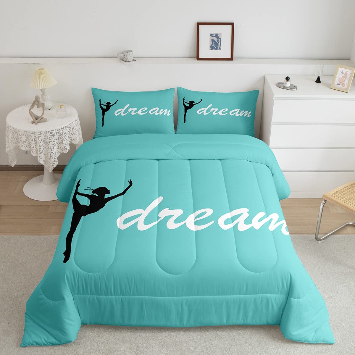 **Full Size Gymnastics Comforter Set for Kids & Girls – Sports Theme Teal Bedding, Lightweight Duvet with 2 Pillow Cases | Perfect for Girls' Room Decor, Sleepovers & Themed Bedrooms**