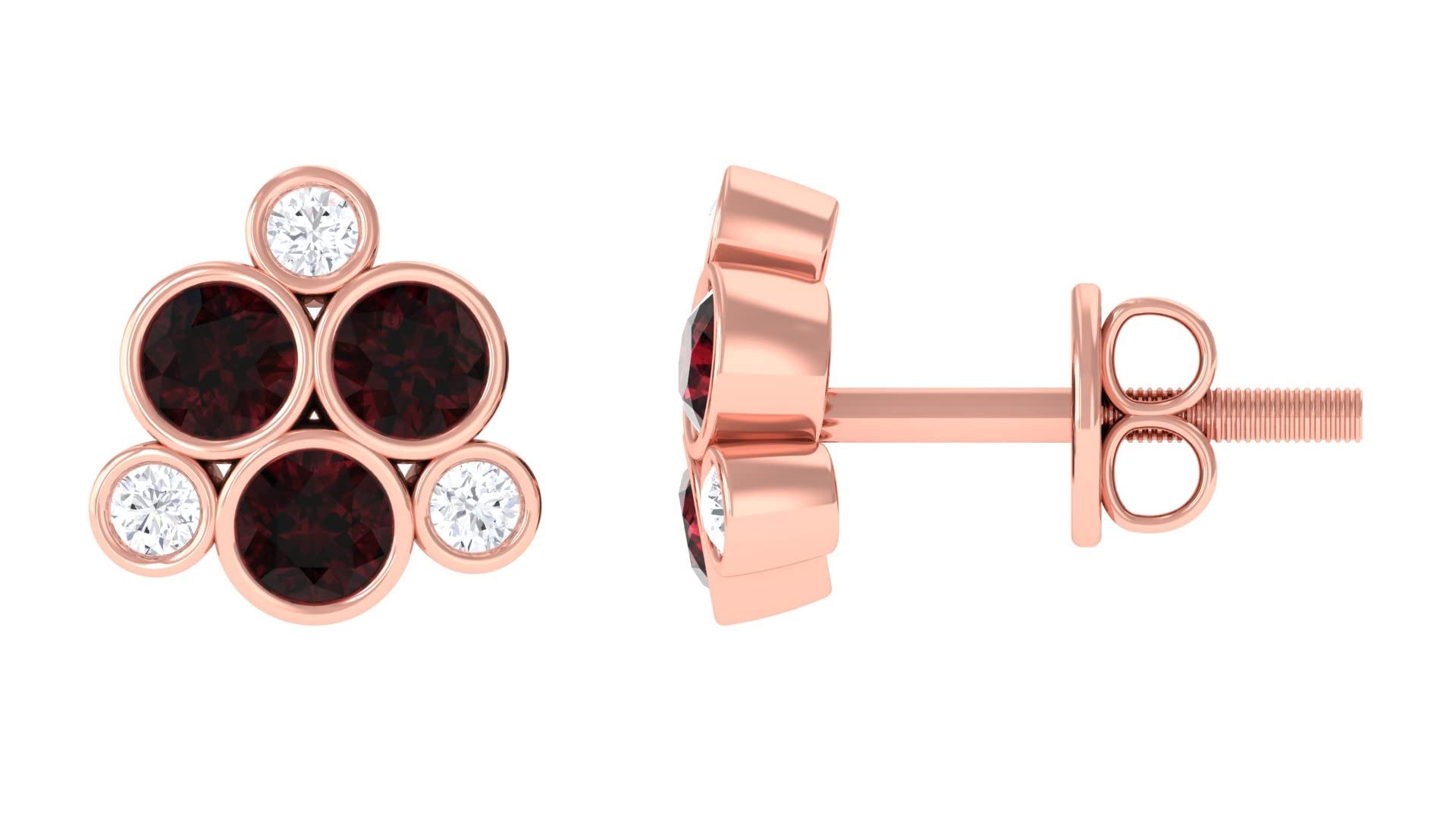 1/2 CT Garnet Stud Earrings with Diamond Accents - 14K Solid Gold Bezel Set Round Garnet Cluster Earrings for Women - Perfect for Weddings, Anniversaries & Everyday Elegance