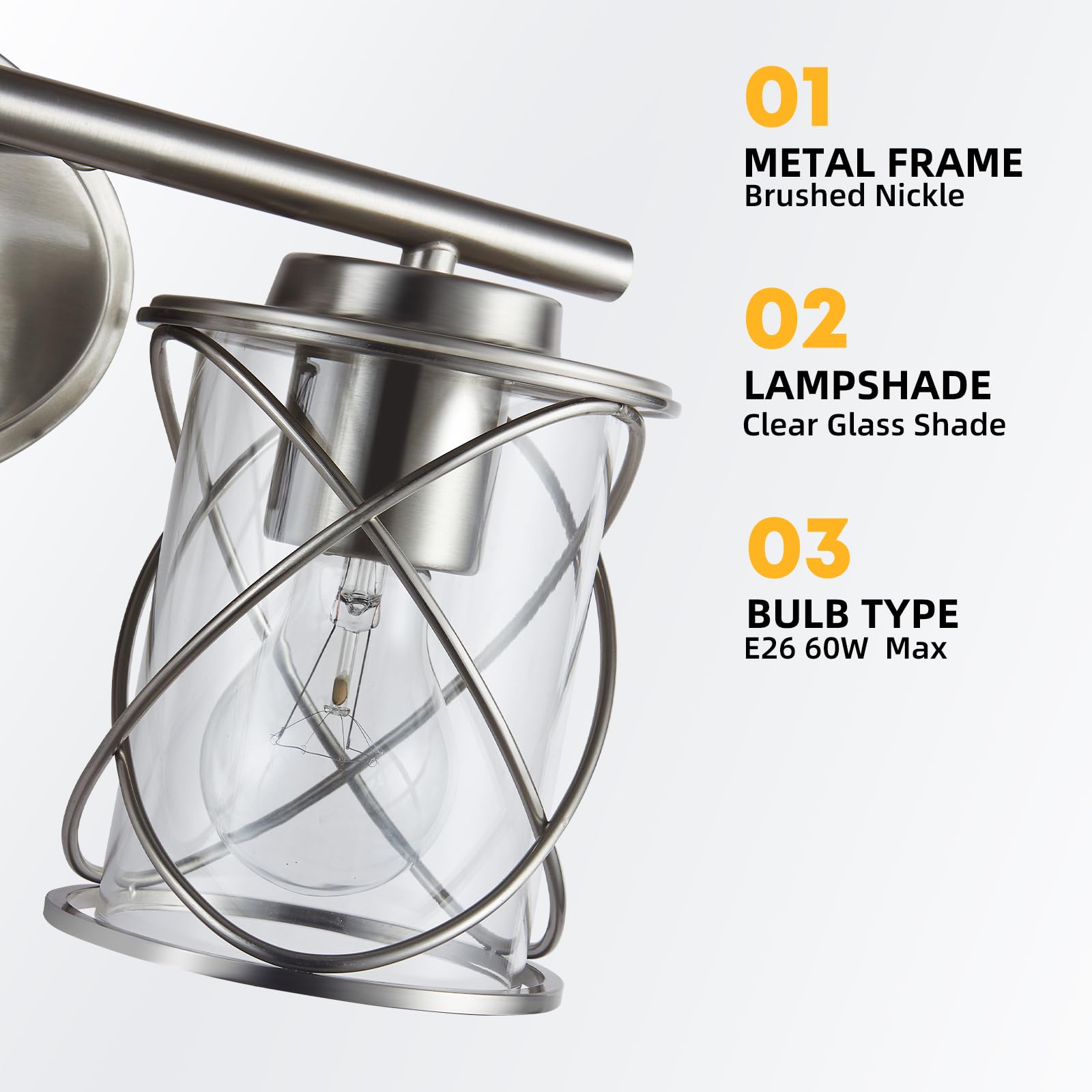3-Lights Bathroom Vanity Lighting Fixtures - Brushed Nickel Farmhouse Wall Sconce with Clear Glass Shade - Perfect for Mirror Lighting in Bathroom, Kitchen, Bedroom and Dressing Room