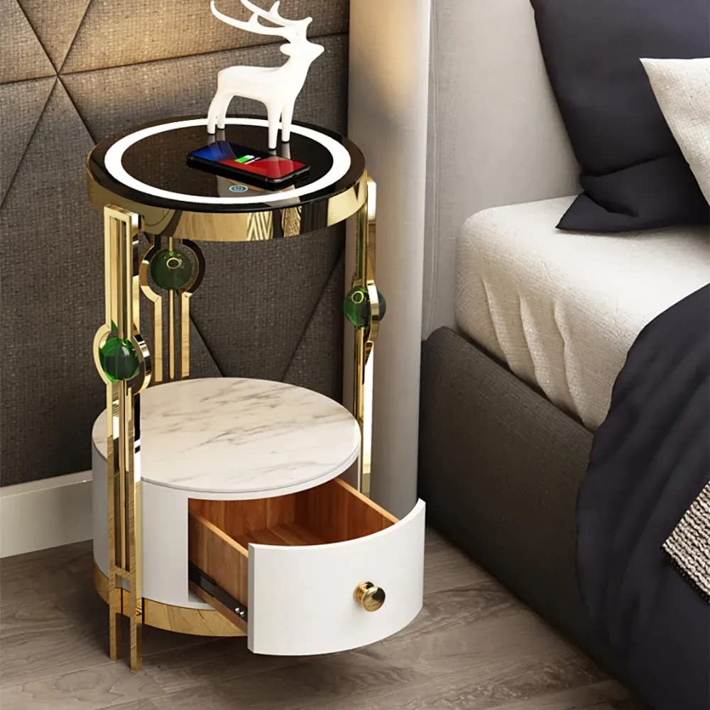 Lovedima Wireless Charging End Table Lamp with USB Port & Drawer - Gold & White Narrow Bedside Nightstand Lighting for Bedroom, Living Room & Office