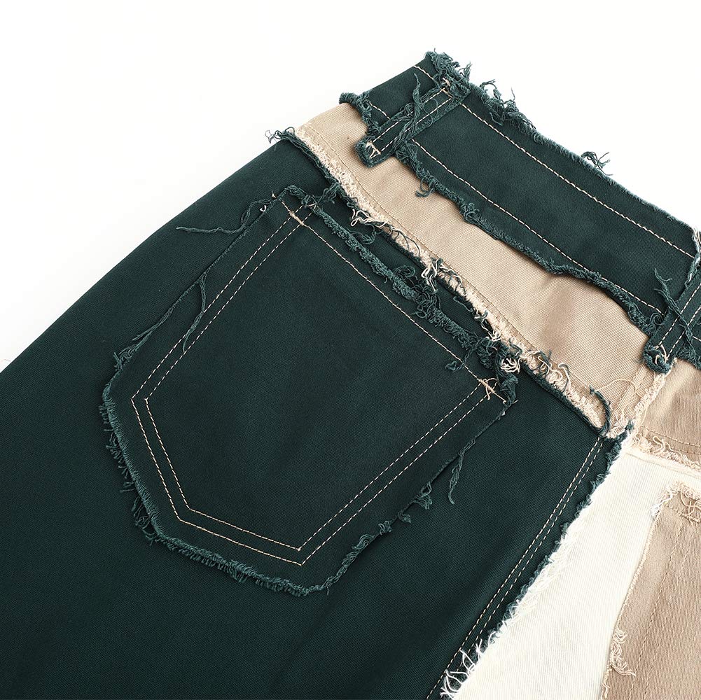 THUNDER STAR Women's Patchwork Straight Leg Jeans - Mid Rise Stretch Denim Pants with Frayed Hem for Casual Wear & Street Style