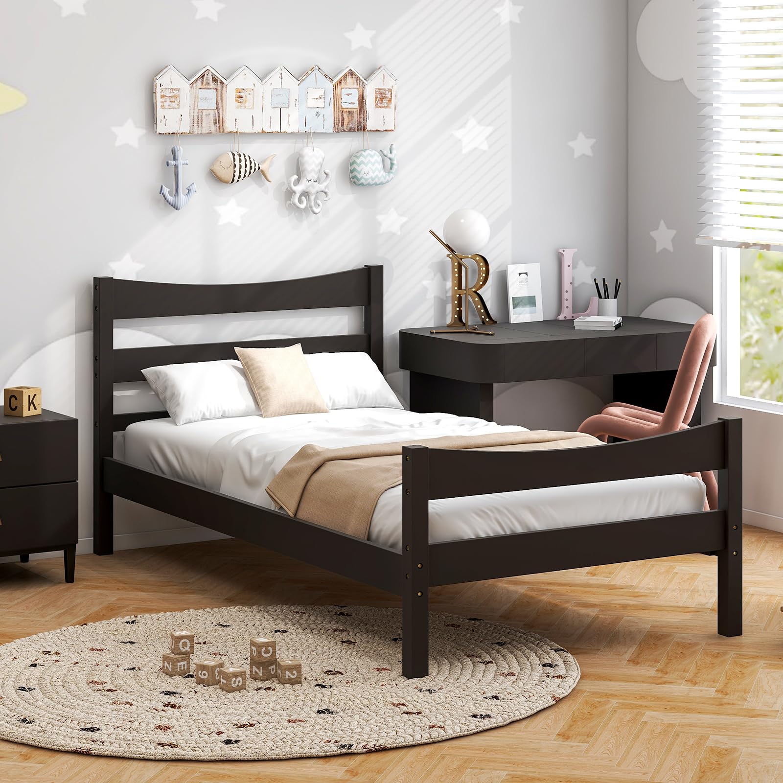 Giantex Solid Wood Twin Size Platform Bed Frame with Headboard & Footboard - Rustic Espresso Finish, No Box Spring Needed, Sturdy Wood Slat Support - Perfect for Kids' Bedroom, Guest Room & Small Spaces