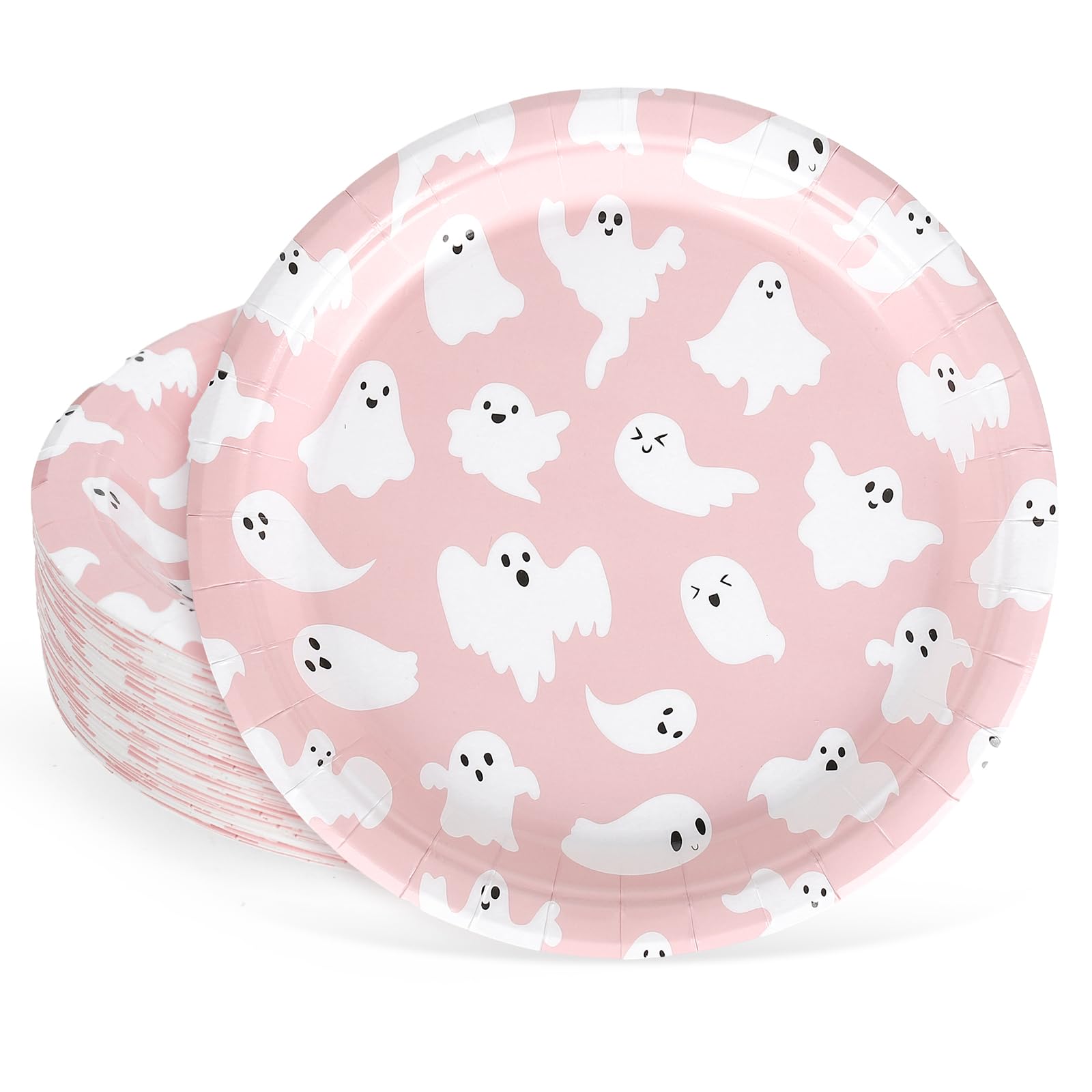Whaline 40Pcs Halloween Paper Plates - 9 Inch Pink Ghost Disposable Plates, Cute Cartoon Ghost Round Plates for Halloween Party, Birthday, Baby Shower, Table Decor & Party Supplies | Perfect for Spooky Decorations, Themed Events & Festive Gatherings